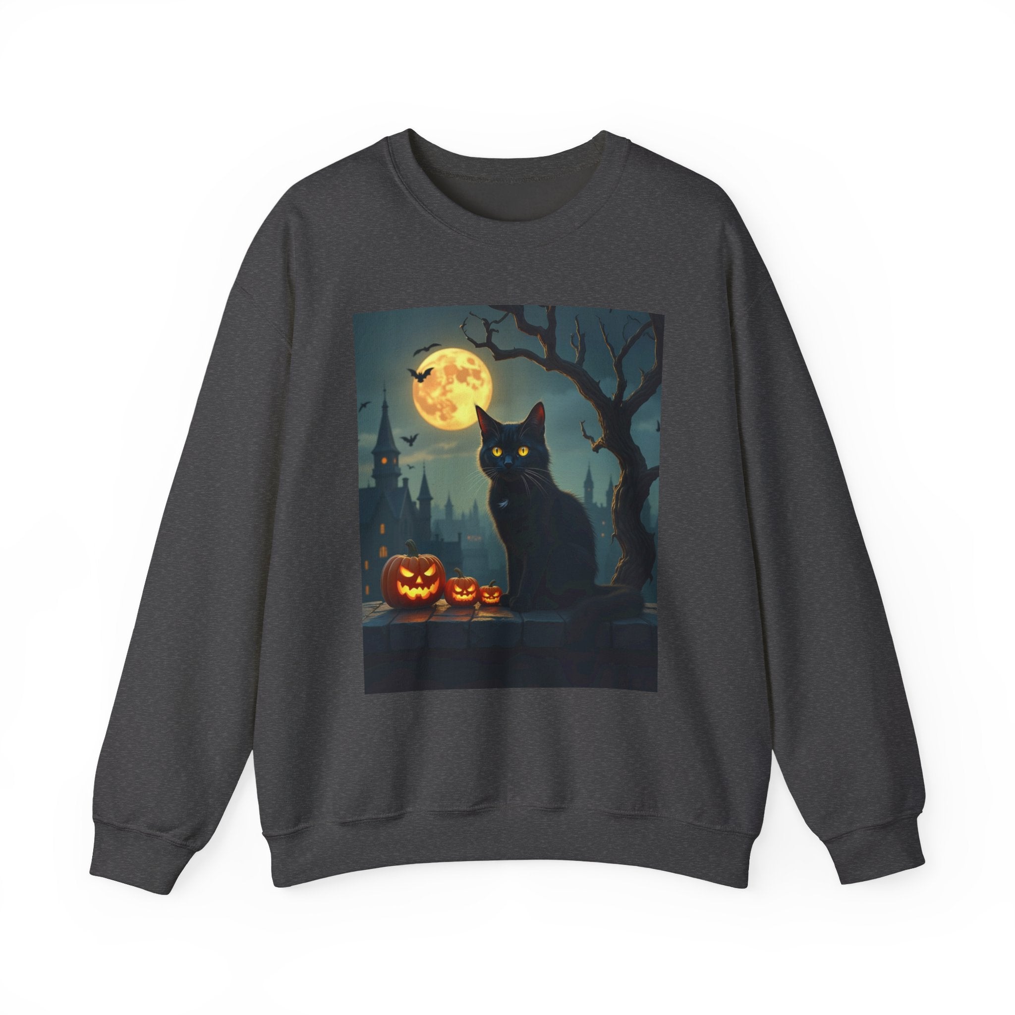 Dark heather gray sweatshirt with Halloween-themed design featuring a black cat and pumpkins on a white background.