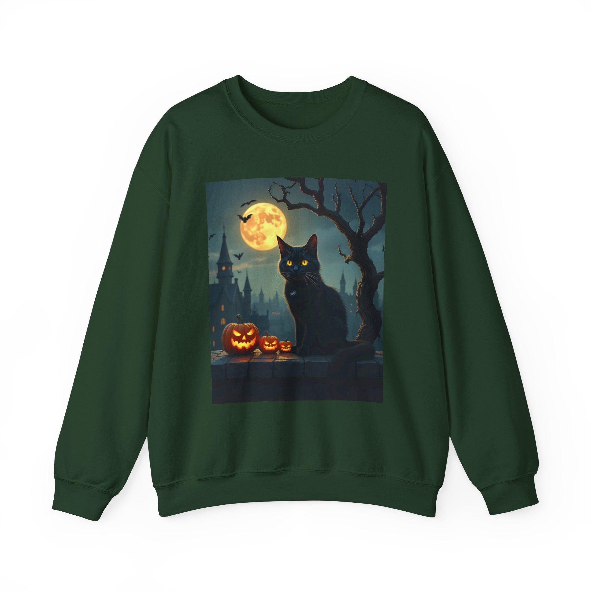 Forest green sweatshirt with a Halloween design featuring a black cat, pumpkins, and a full moon.