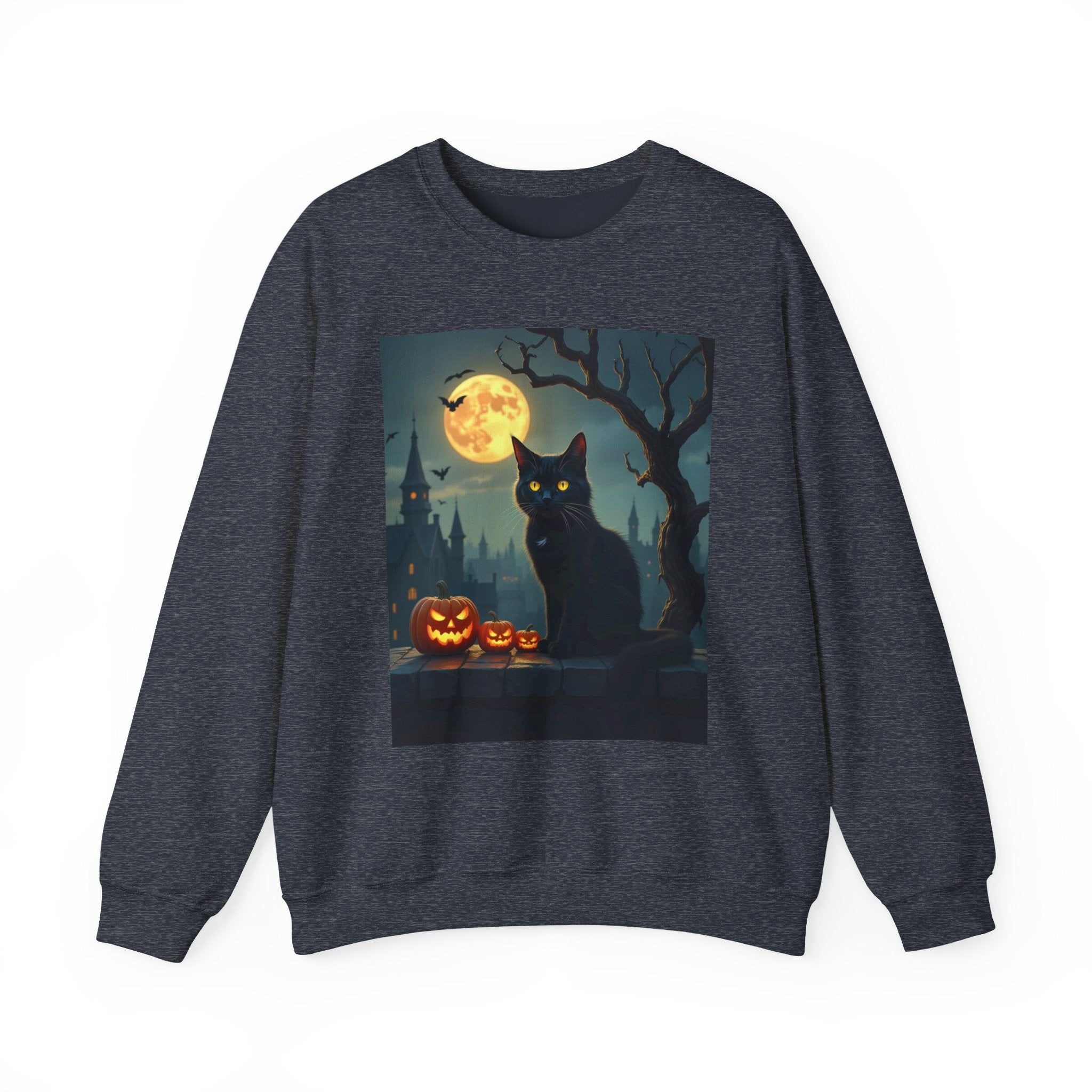 Heather sport dark navy sweatshirt with a Halloween design featuring a black cat, pumpkins, and a full moon