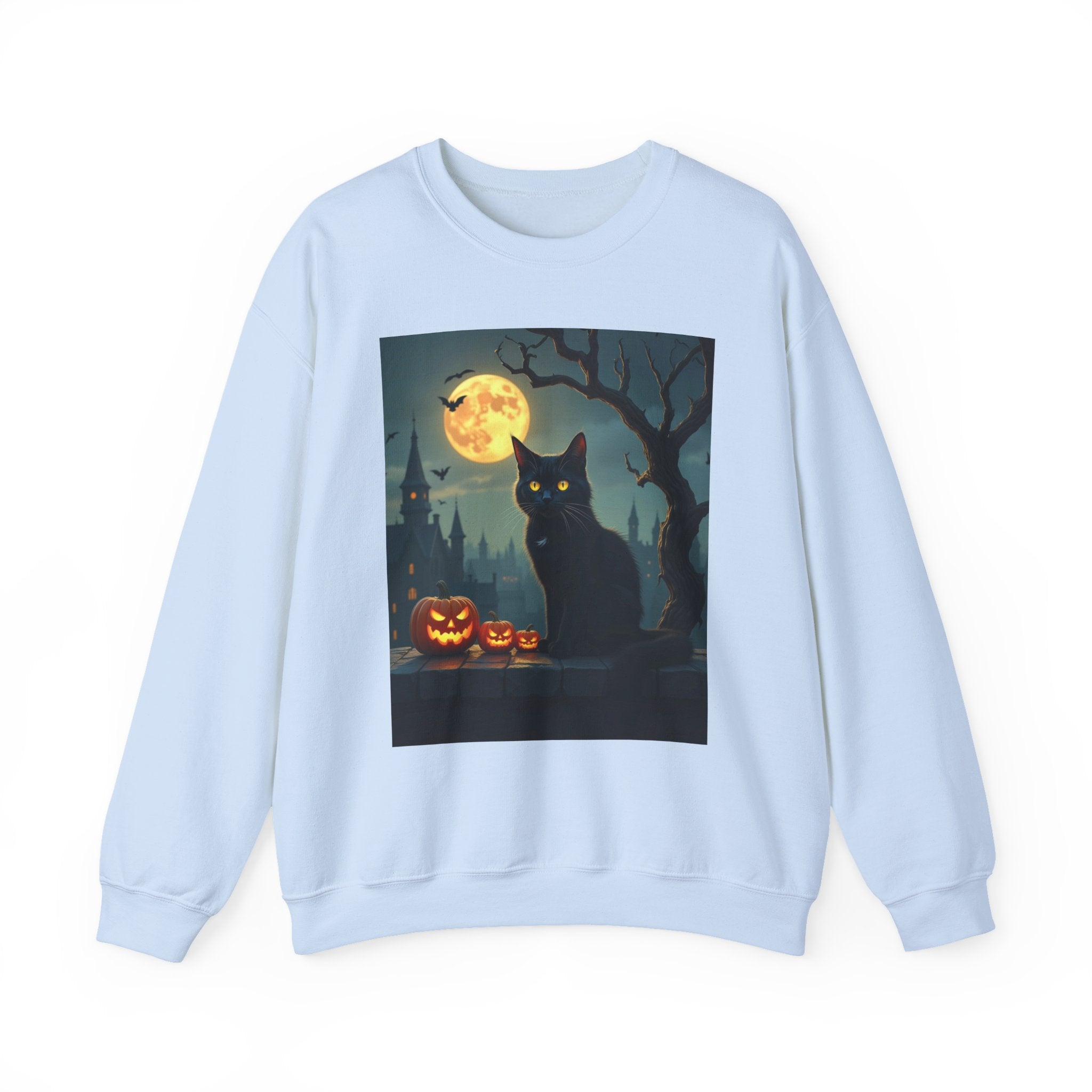 Light blue sweatshirt with a Halloween-themed graphic of a black cat and pumpkins on a white background