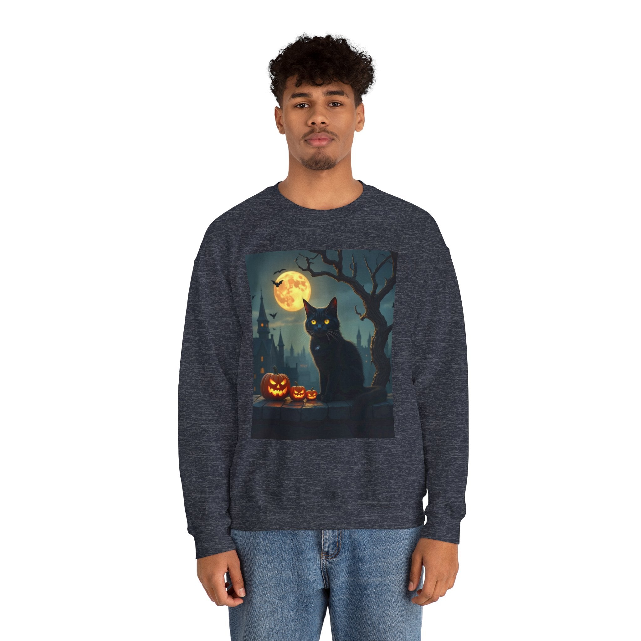 Person wearing a dark blue sweatshirt with a Halloween design featuring a black cat and pumpkins.