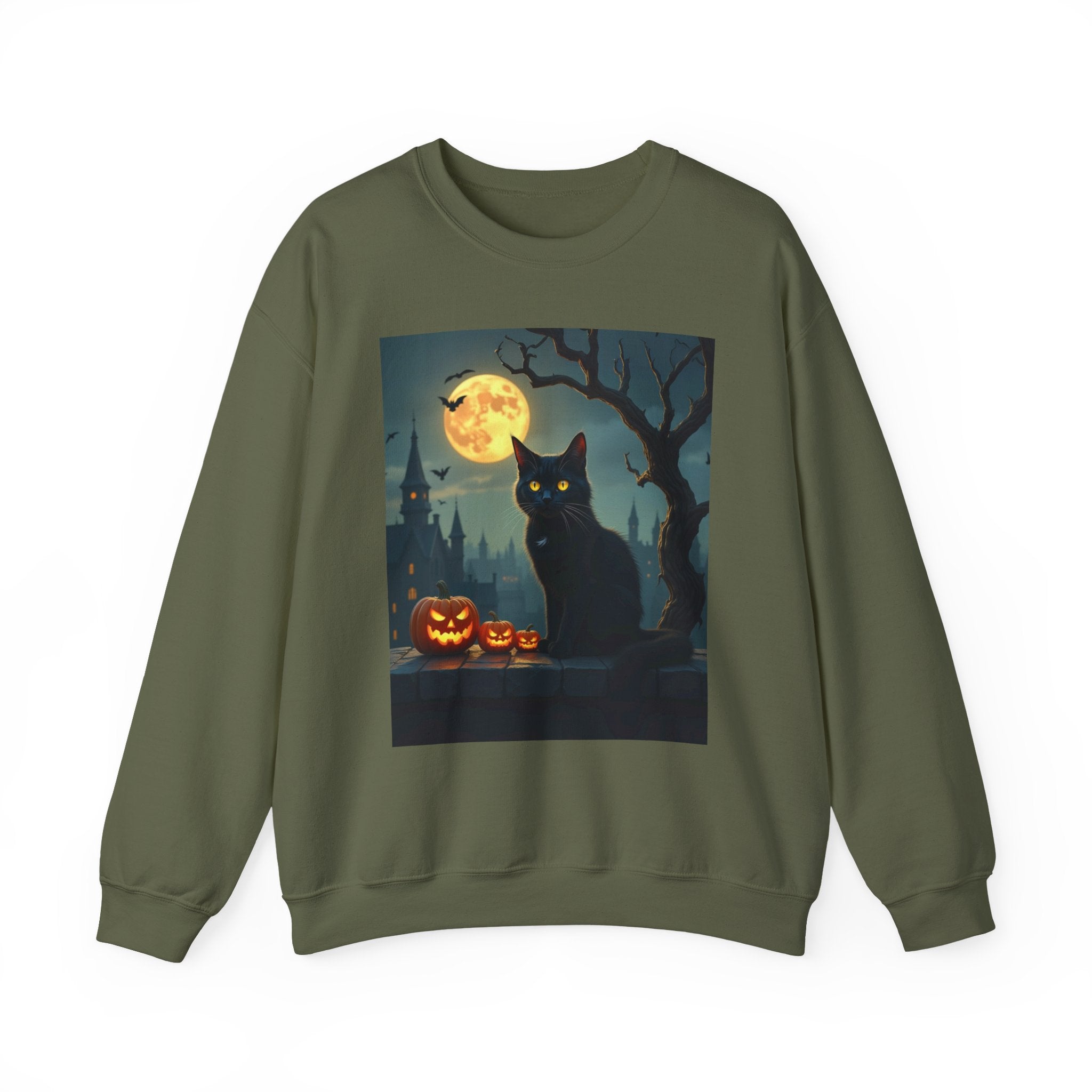 Military geen sweatshirt with a Halloween-themed graphic of a black cat and pumpkins on a white background