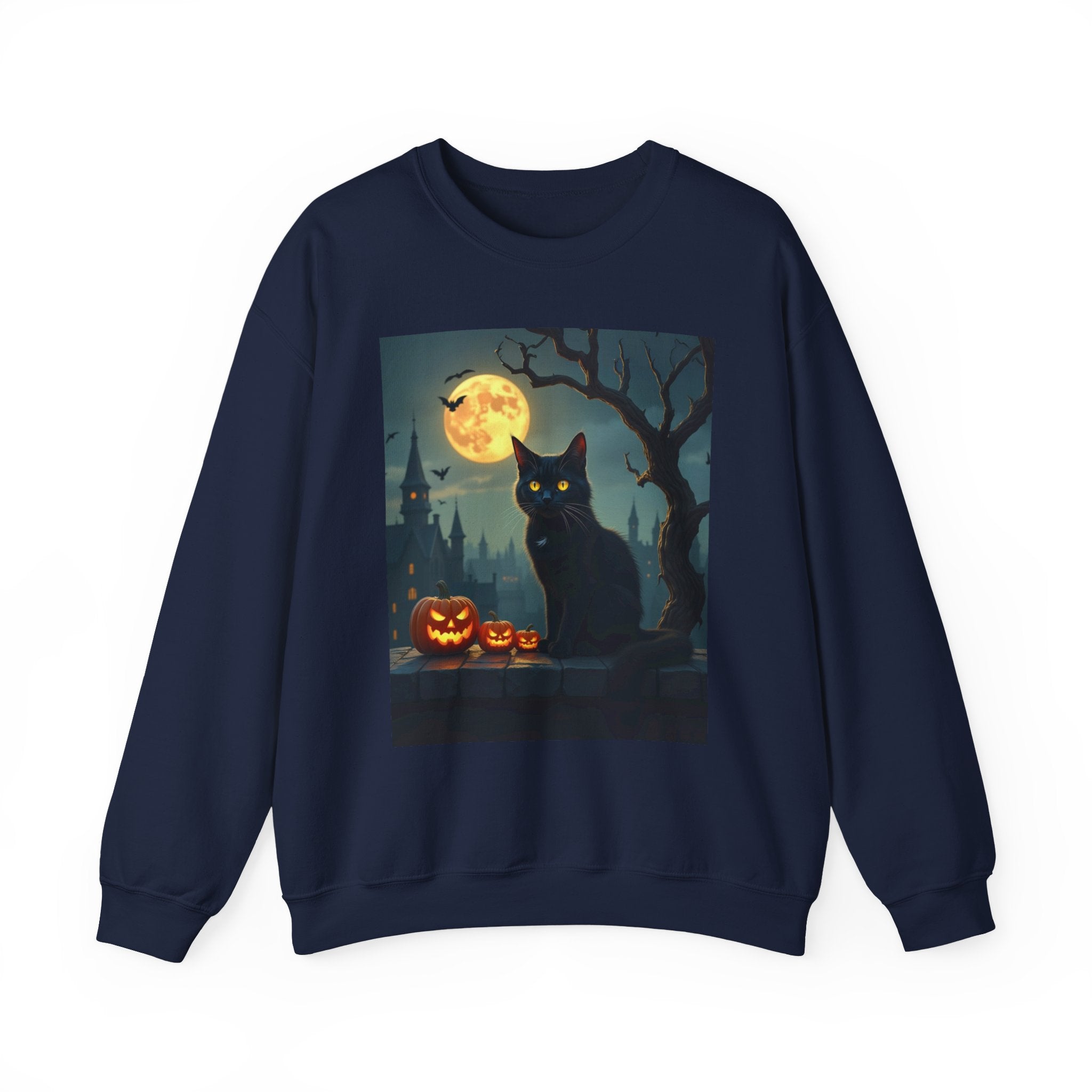 Navy blue sweatshirt with Halloween design featuring a black cat, pumpkins, and full moon.