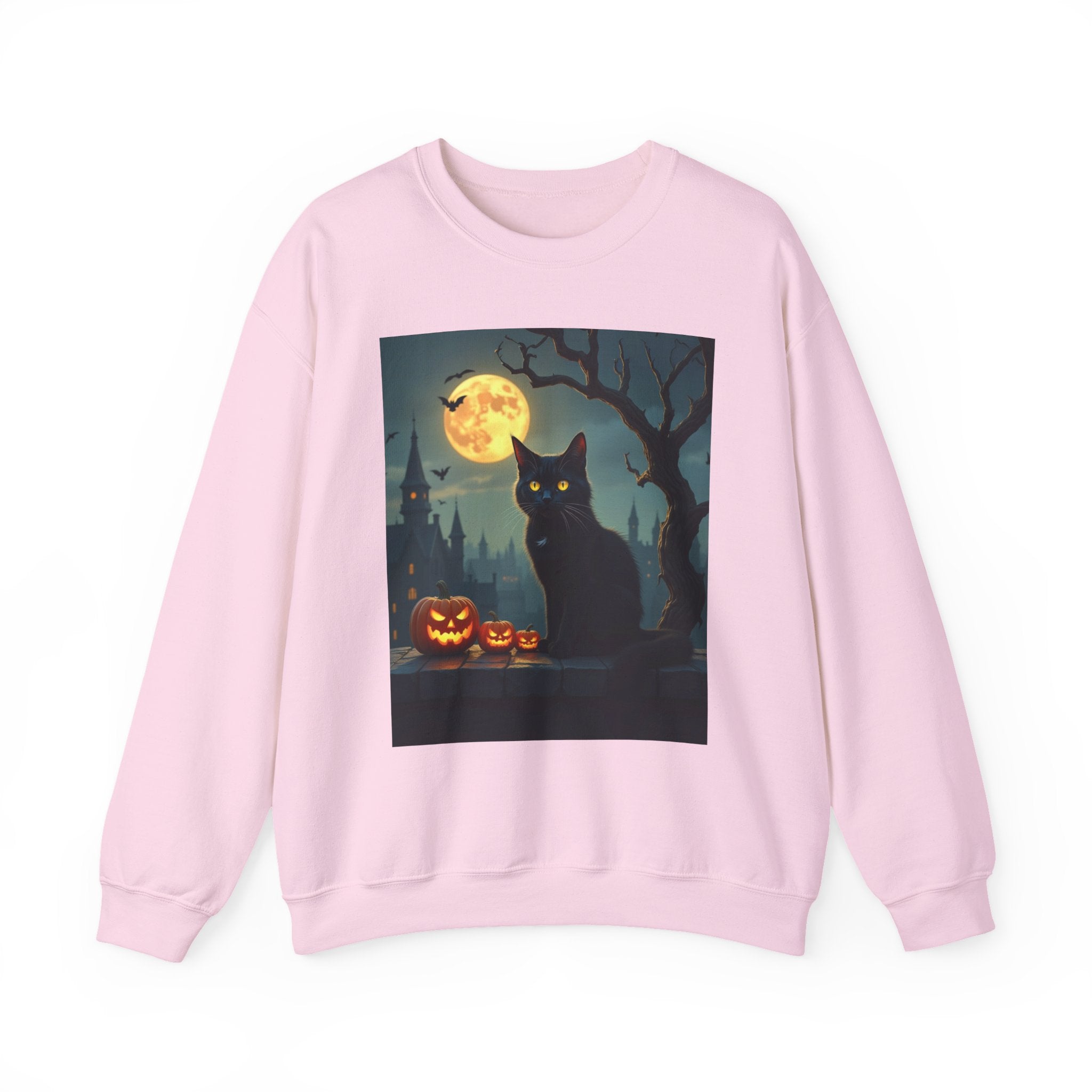 Pink sweatshirt with a Halloween design featuring a black cat and pumpkins on a white background