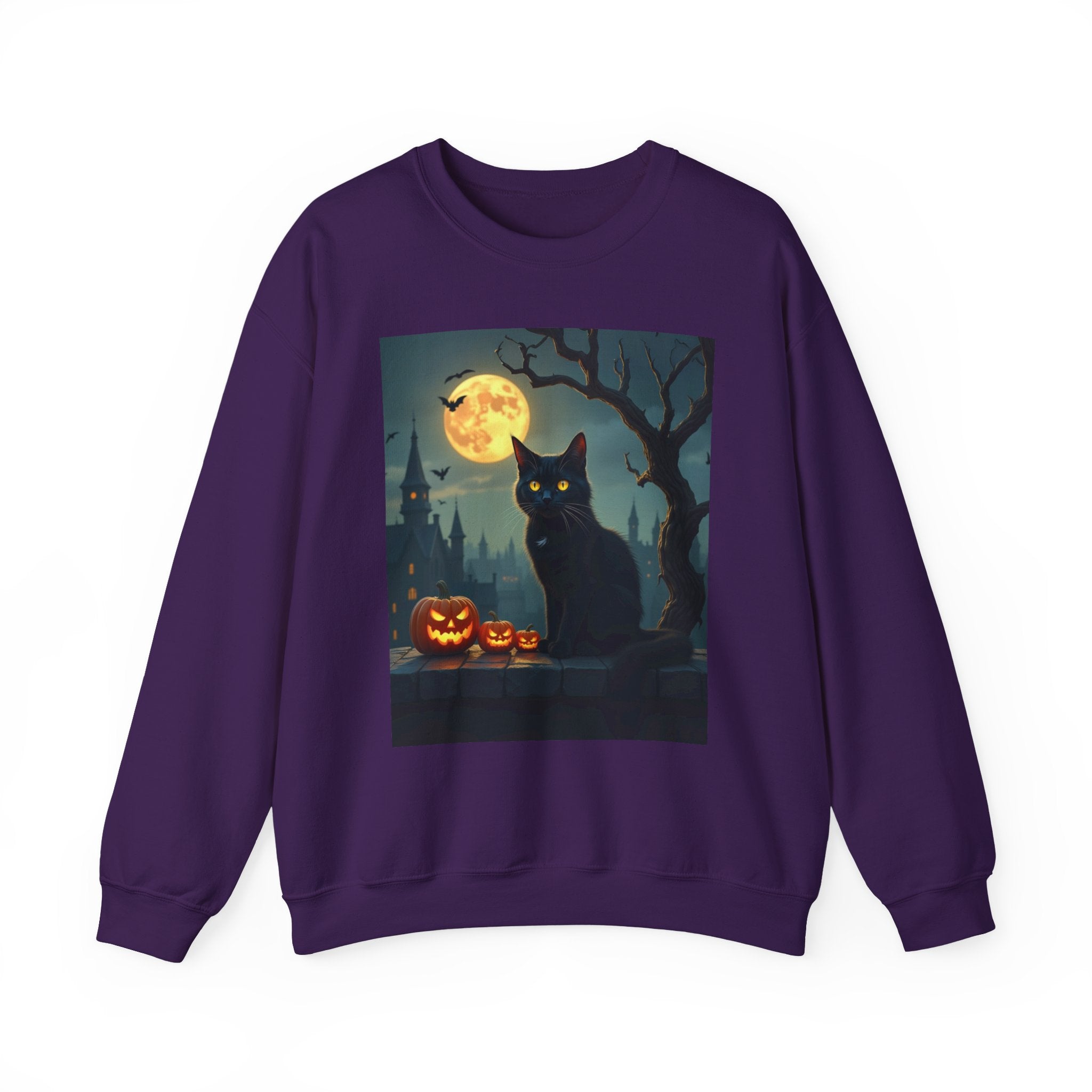 Purple sweatshirt with a Halloween-themed graphic of a black cat, pumpkins, and a full moon.