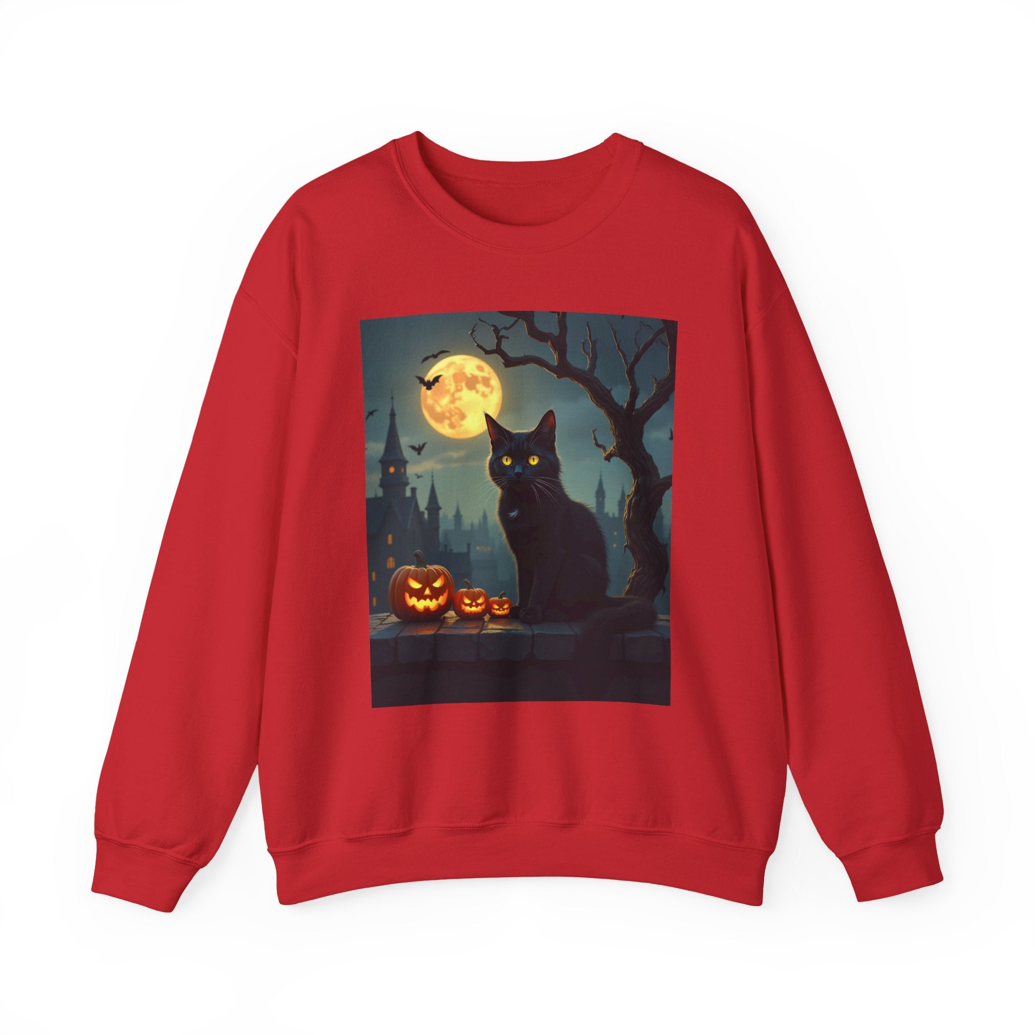 Red sweatshirt with a Halloween-themed graphic of a black cat and pumpkins on a white background