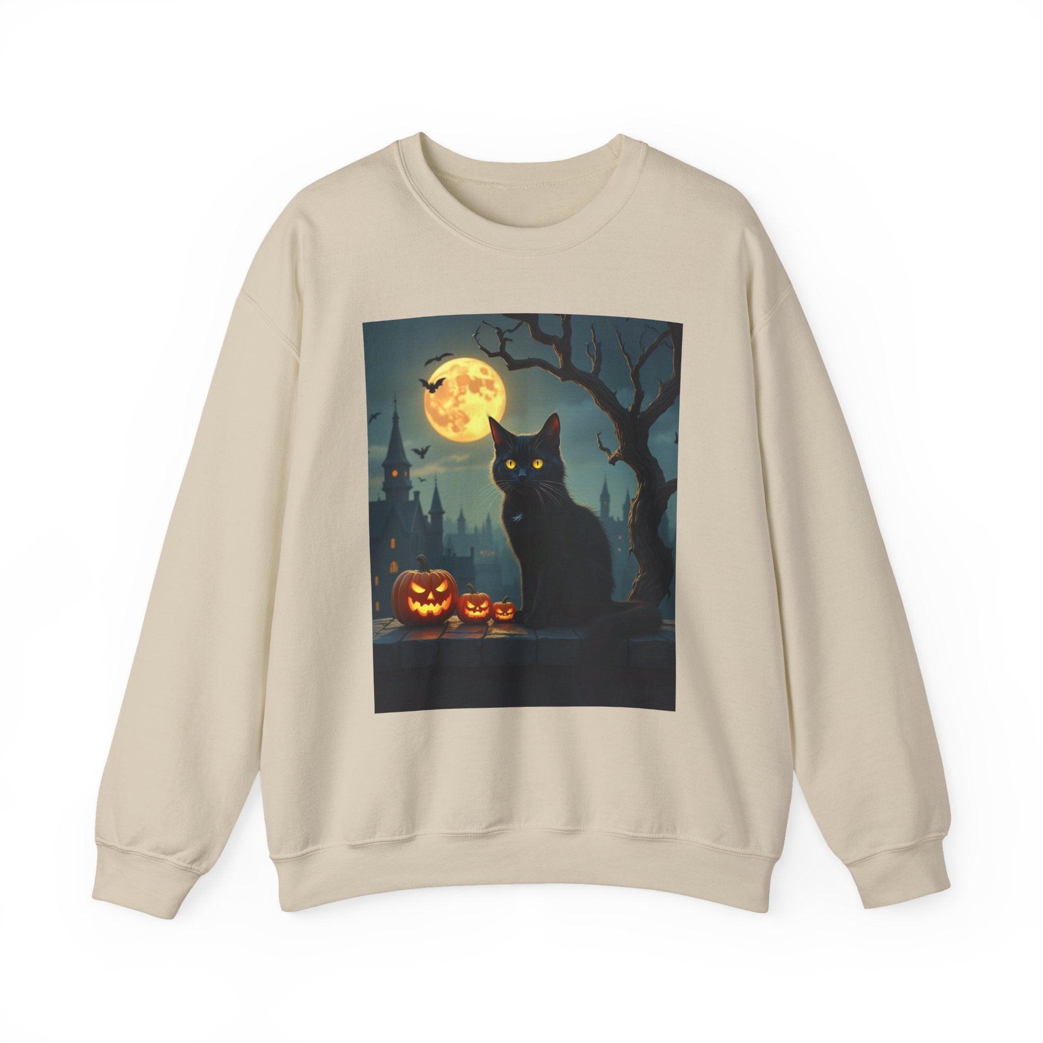 Beige sweatshirt with Halloween design featuring a black cat, pumpkins, and full moon.