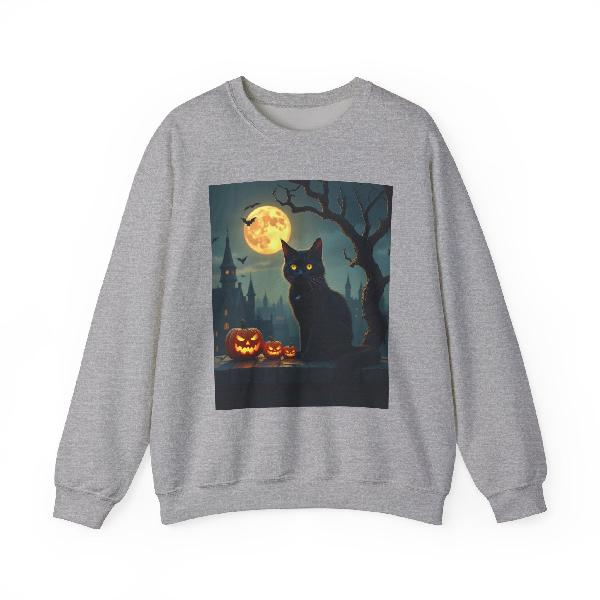 Gray sweatshirt with Halloween-themed graphic of a black cat and pumpkins on a white background