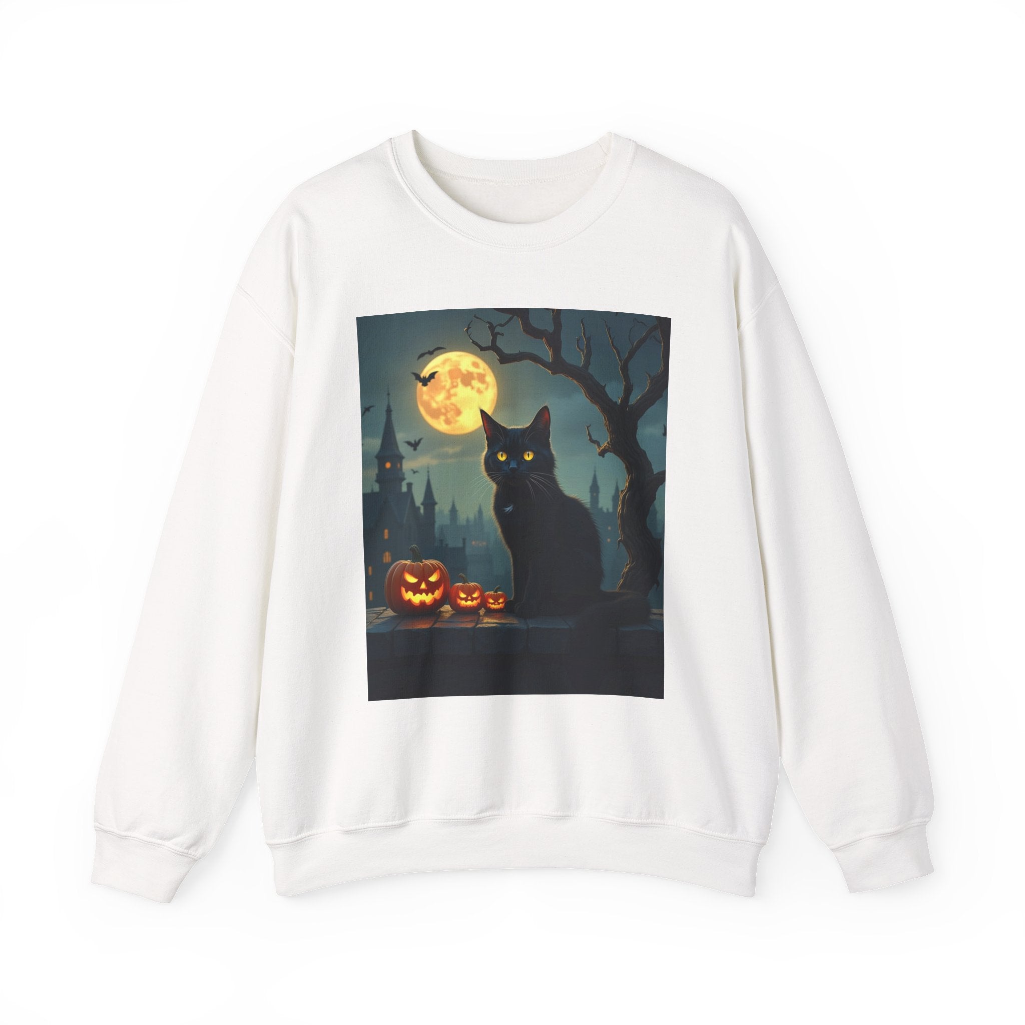 White sweatshirt with a Halloween-themed graphic of a black cat, pumpkins, and a full moon on a white background.