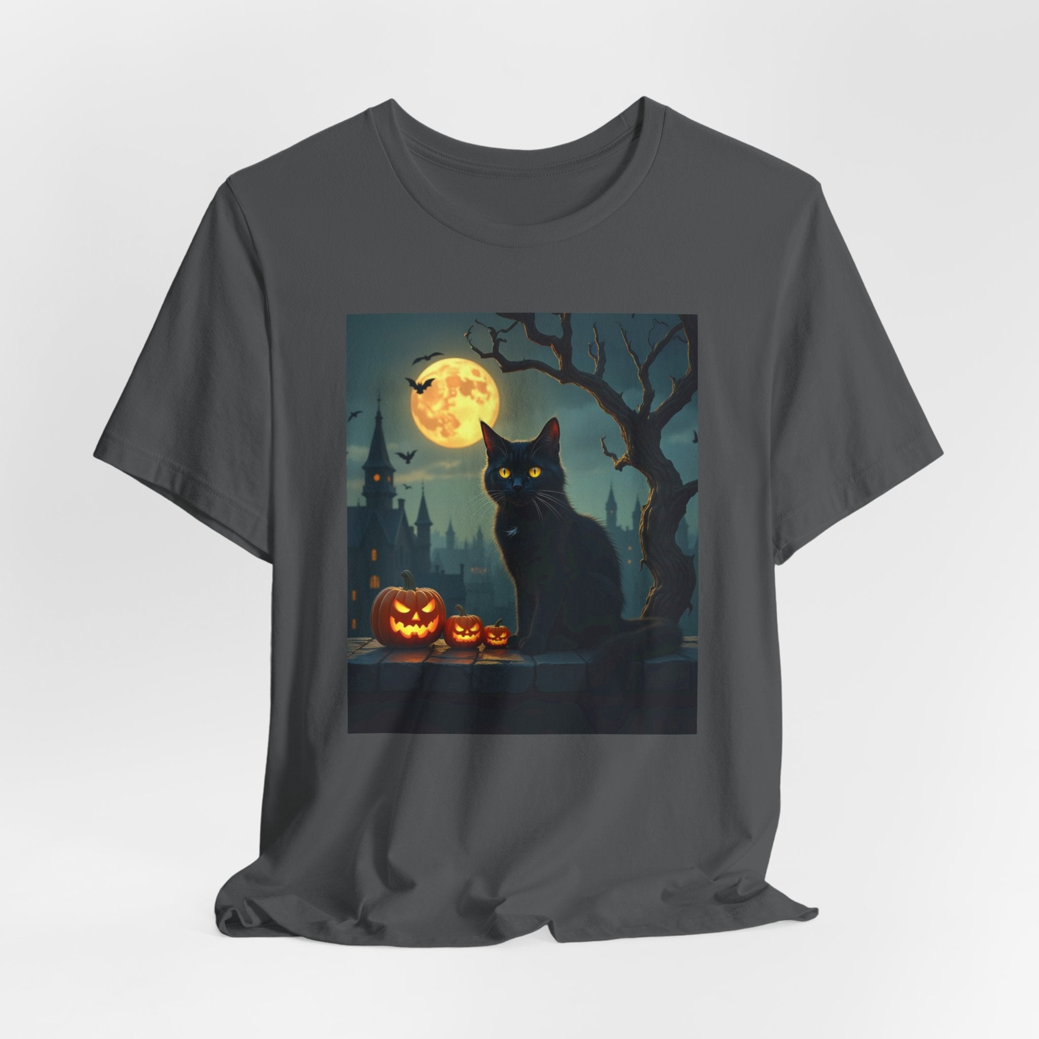 Asphalt gray t-shirt with a Halloween-themed graphic of a black cat and pumpkins on a white background