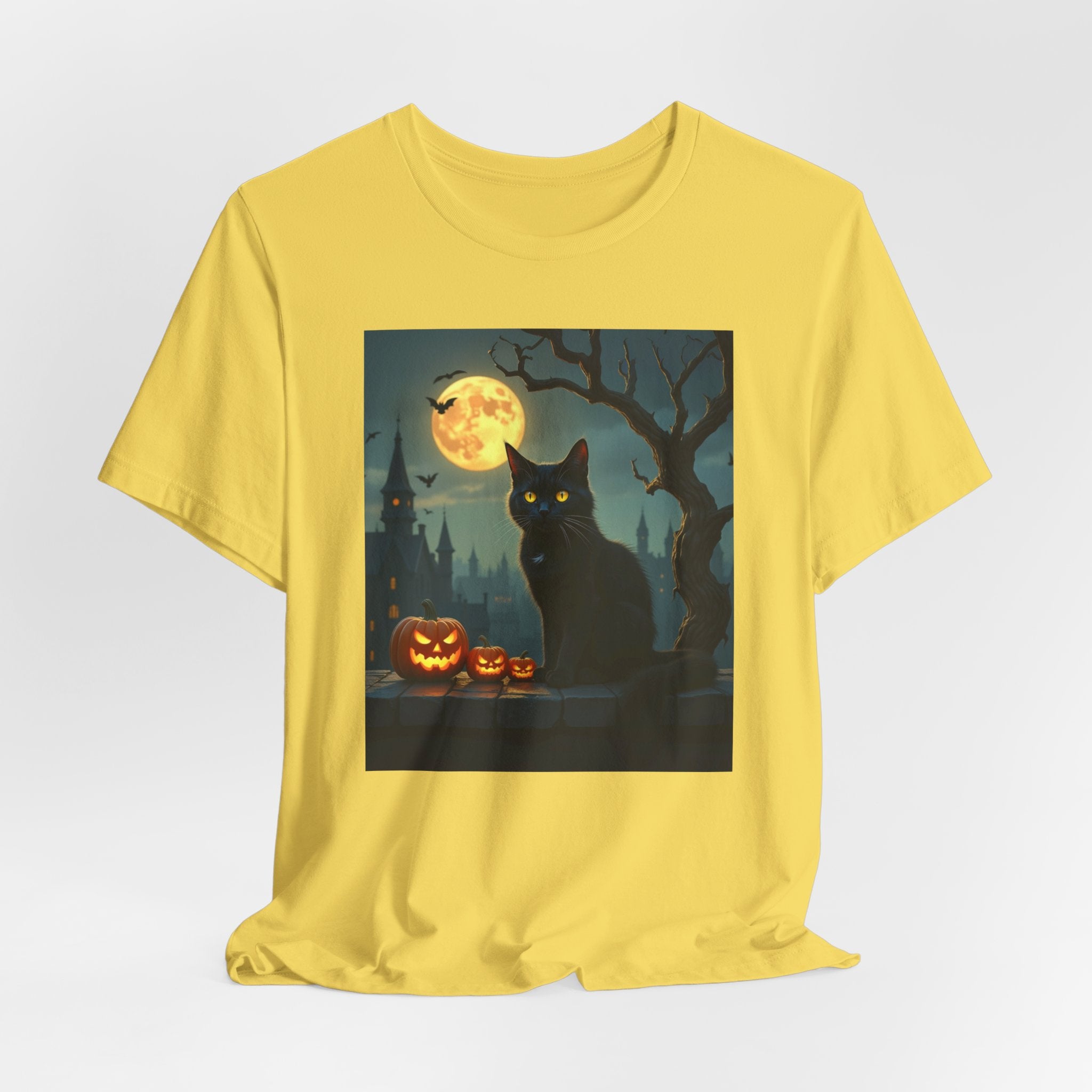 Maze yellow t-shirt with a Halloween-themed graphic of a black cat, pumpkins, and a full moon.