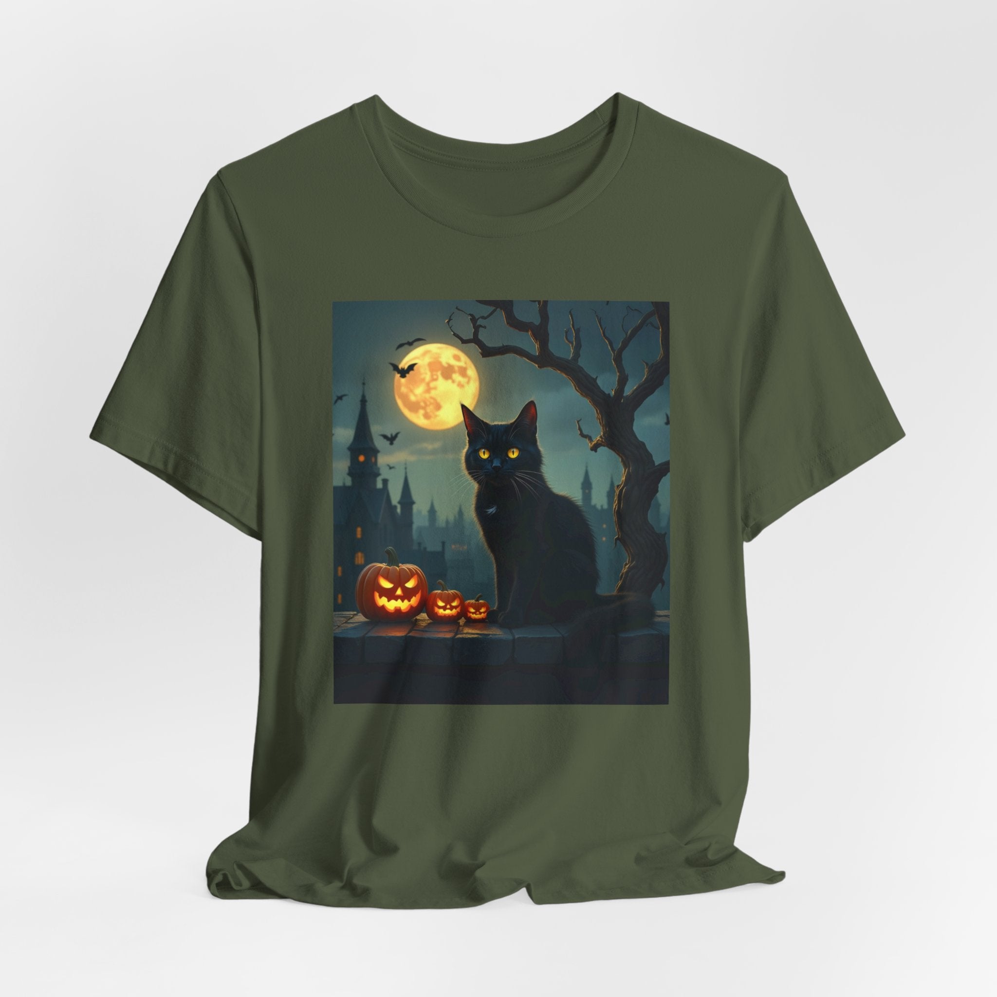 Military green t-shirt with a Halloween design featuring a black cat, pumpkins, and a full moon.
