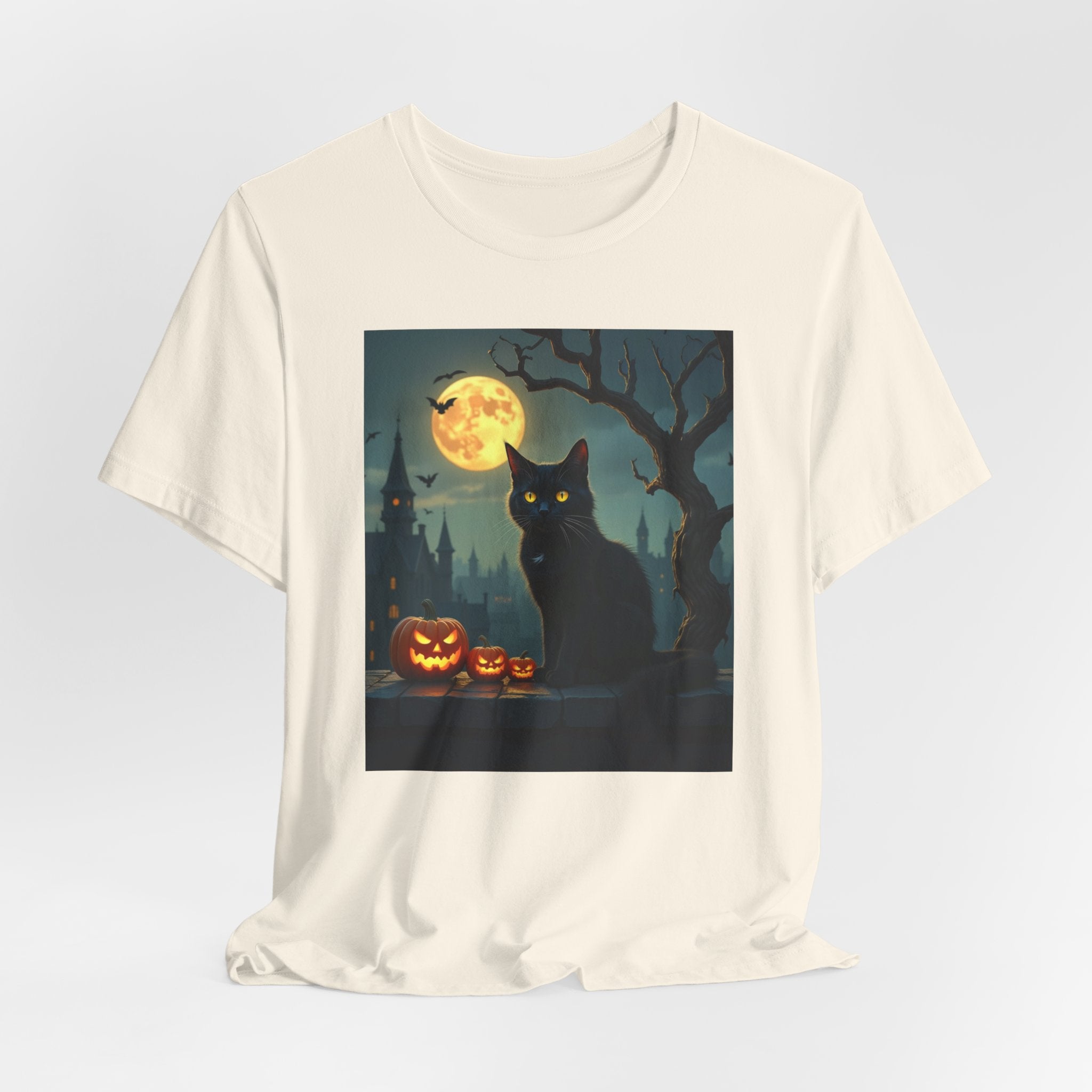 Natural beige t-shirt with a Halloween-themed graphic of a black cat and pumpkins on a white background