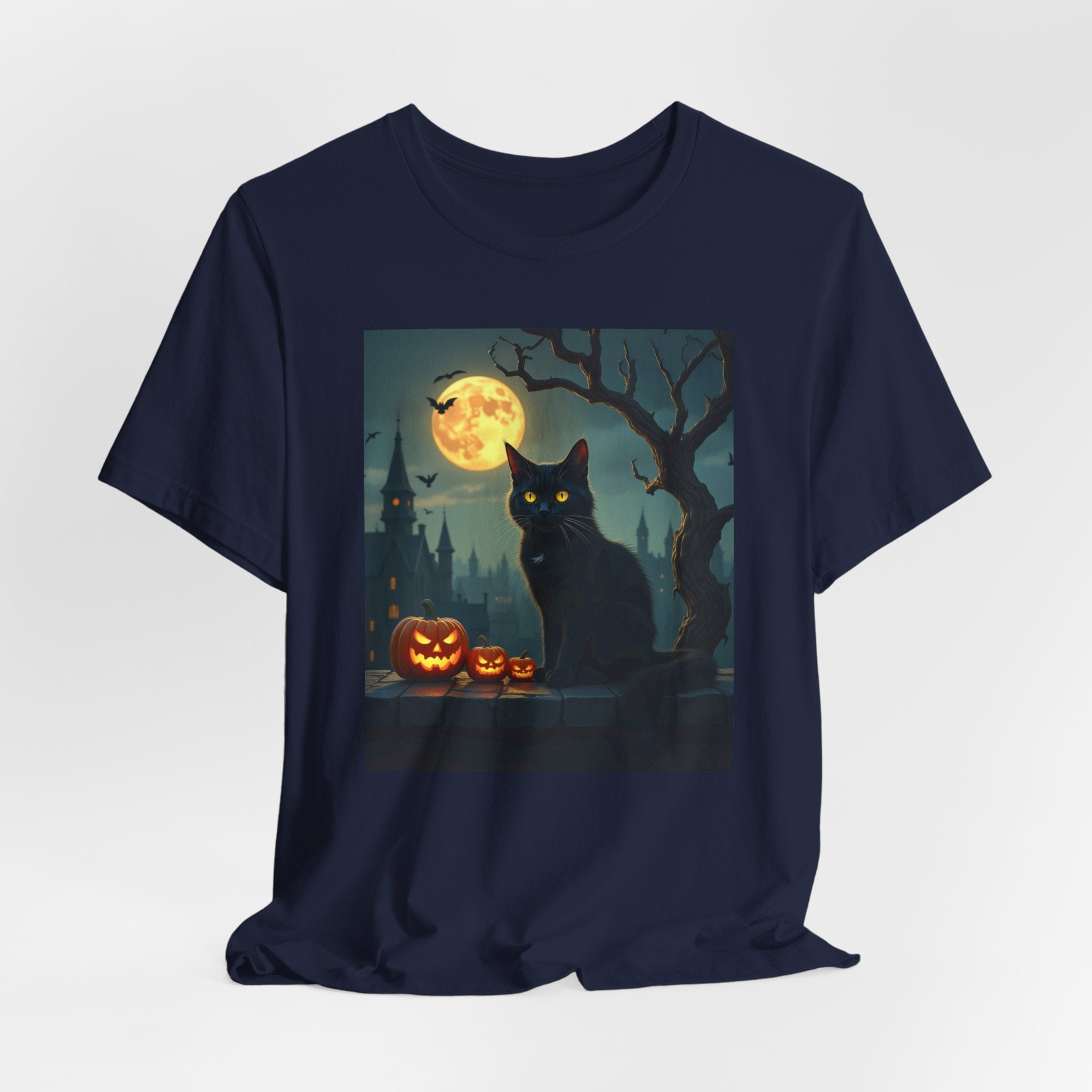 Navy blue t-shirt with a Halloween-themed graphic of a black cat and pumpkins on a white background