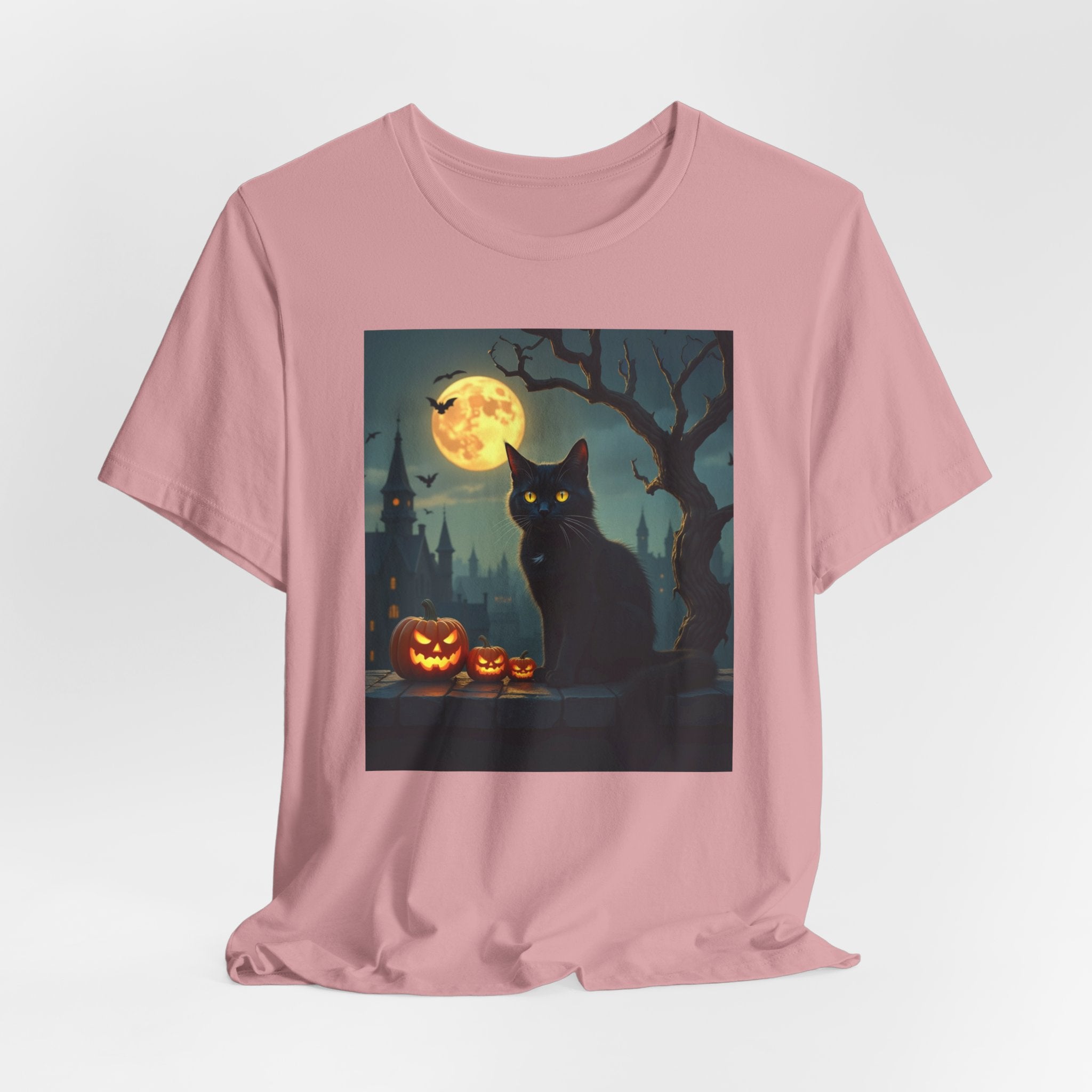 Orchid pink t-shirt with a Halloween design featuring a black cat, pumpkins, and a full moon on a white background.
