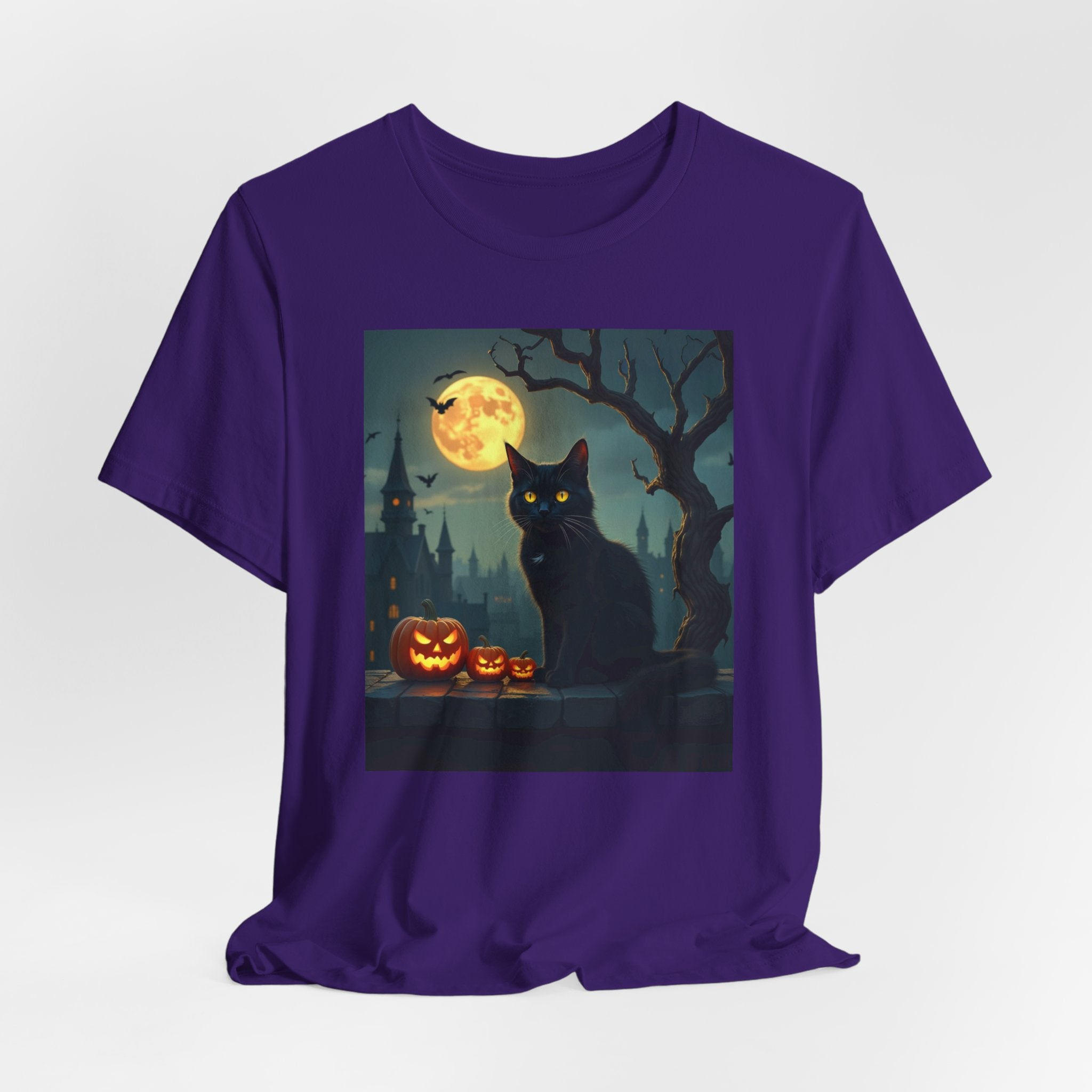 Purple t-shirt with a Halloween design featuring a black cat and pumpkins on a white background