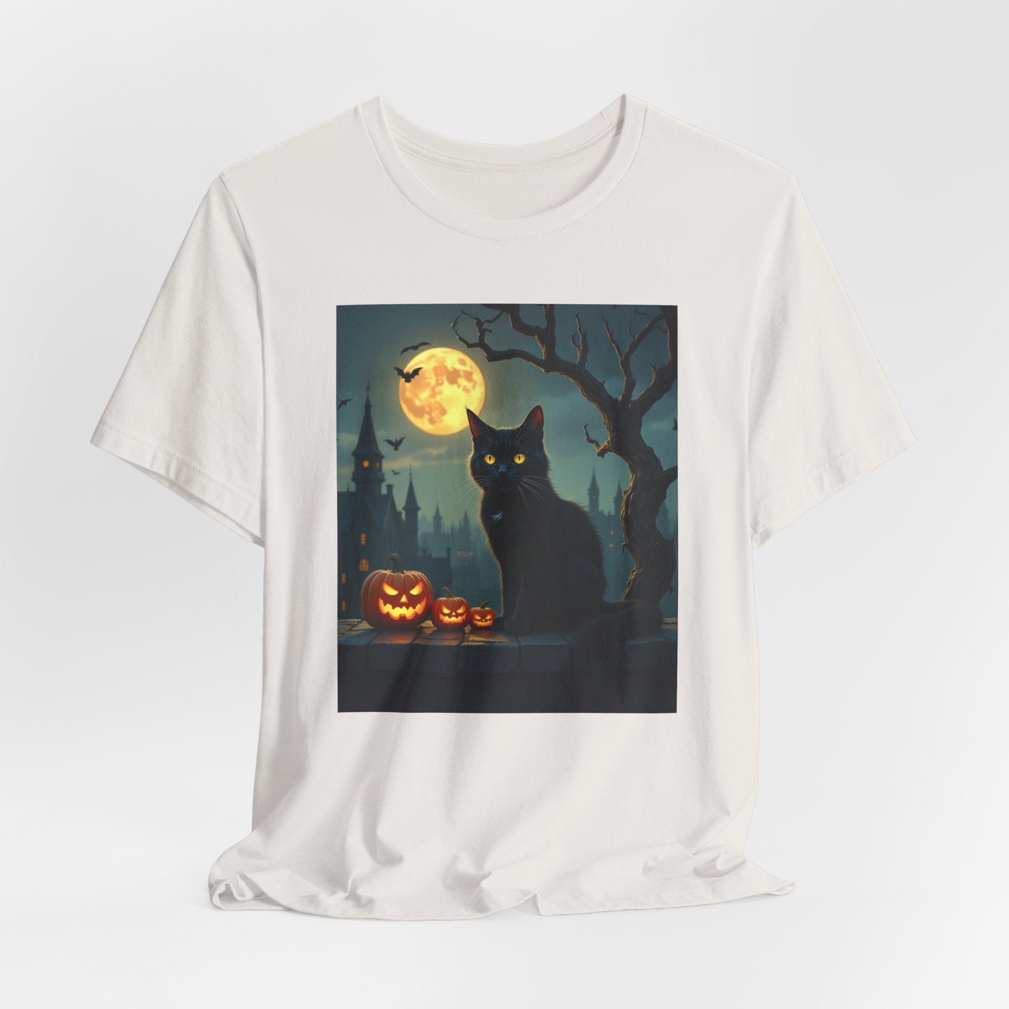Vintage white t-shirt with a Halloween-themed graphic of a black cat and pumpkins on a white background