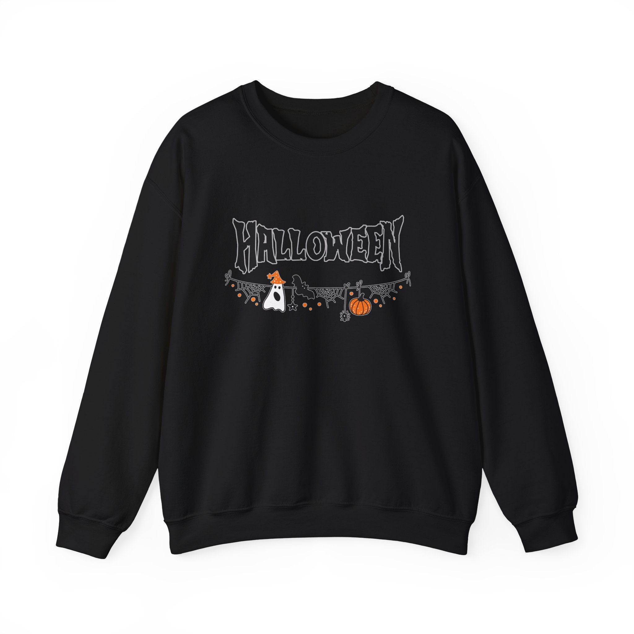 Black sweatshirt with Halloween-themed design on a white background