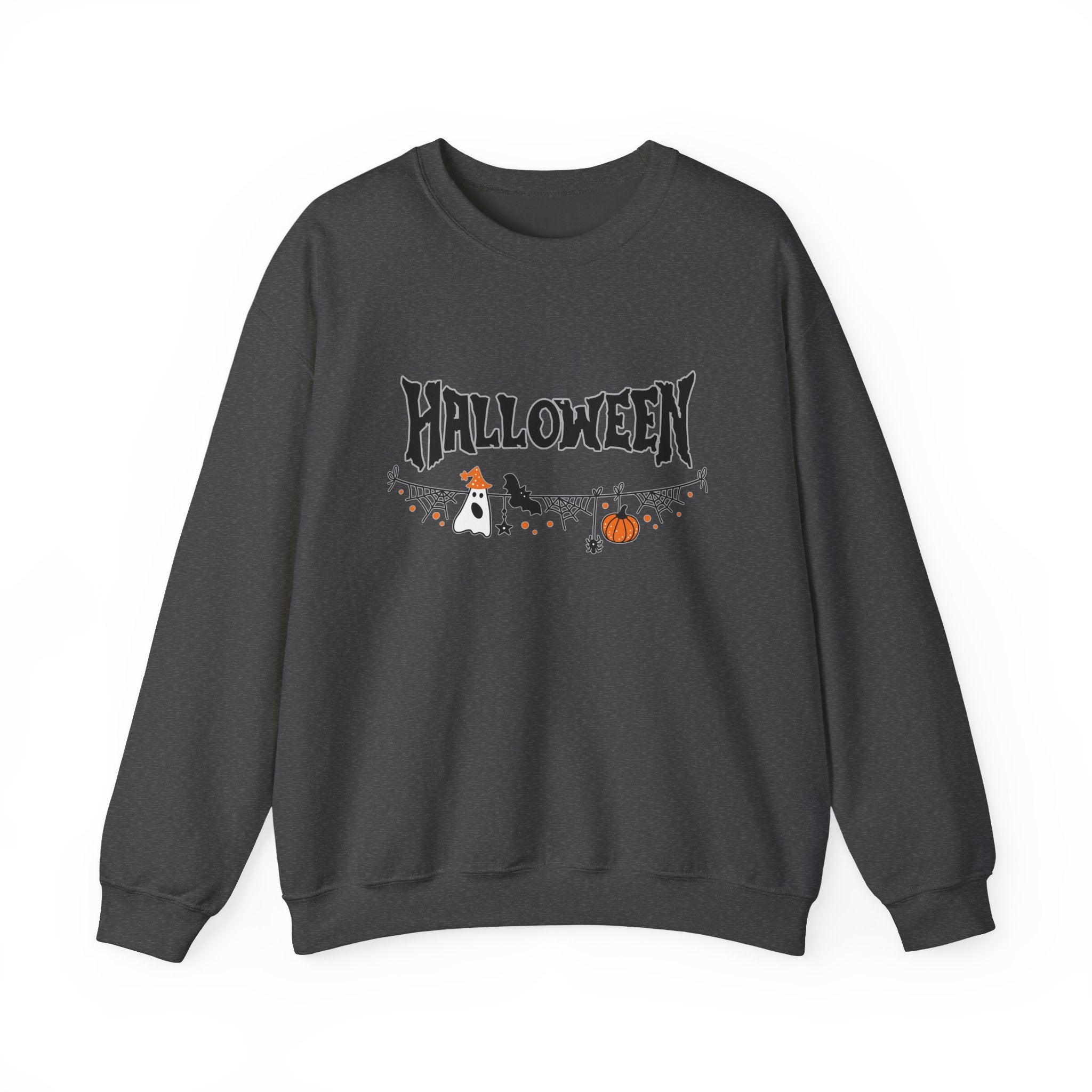 Dark heather gray sweatshirt with Halloween-themed design on a white background