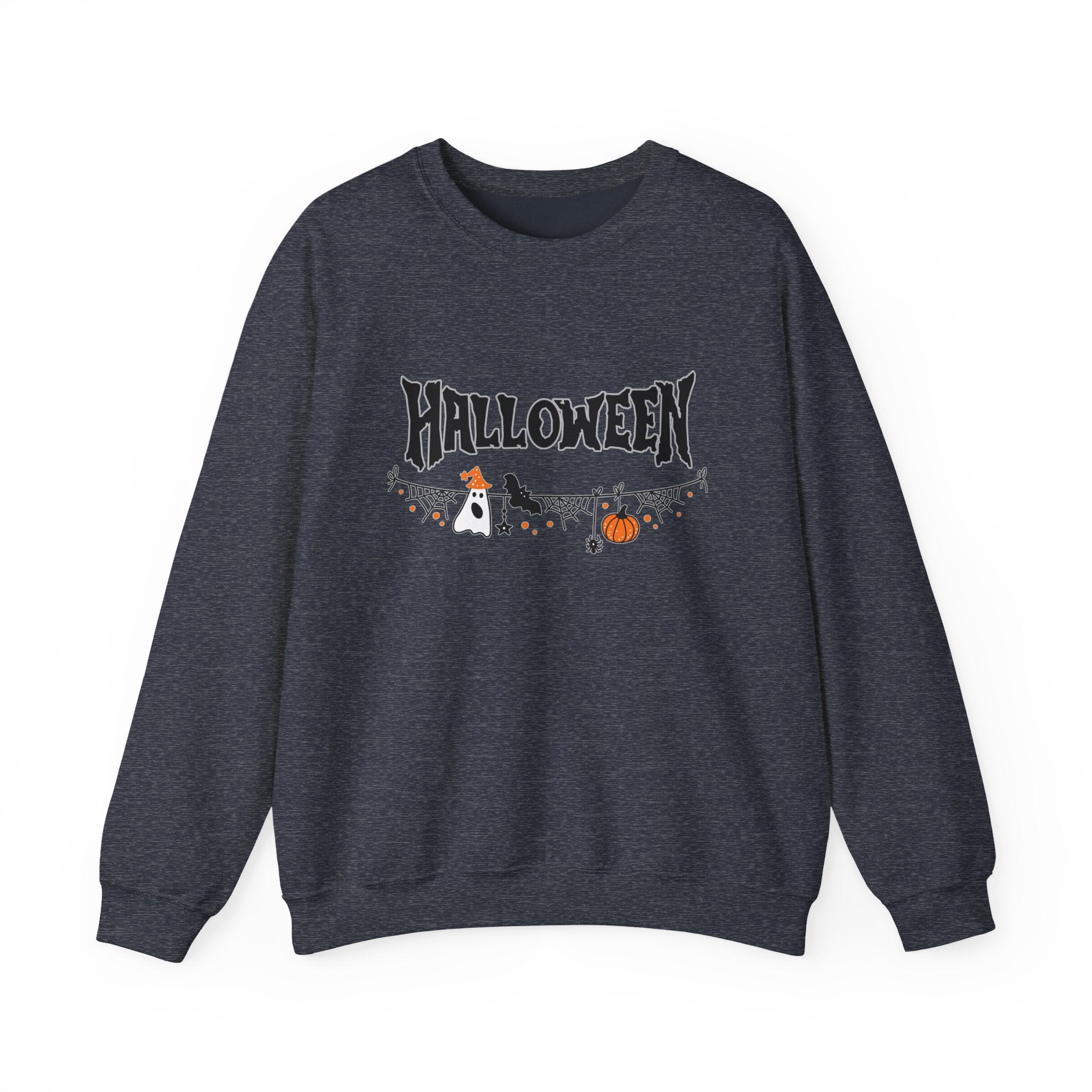 Heather sport dark navy sweatshirt with 'Halloween' and pumpkin design on a white background