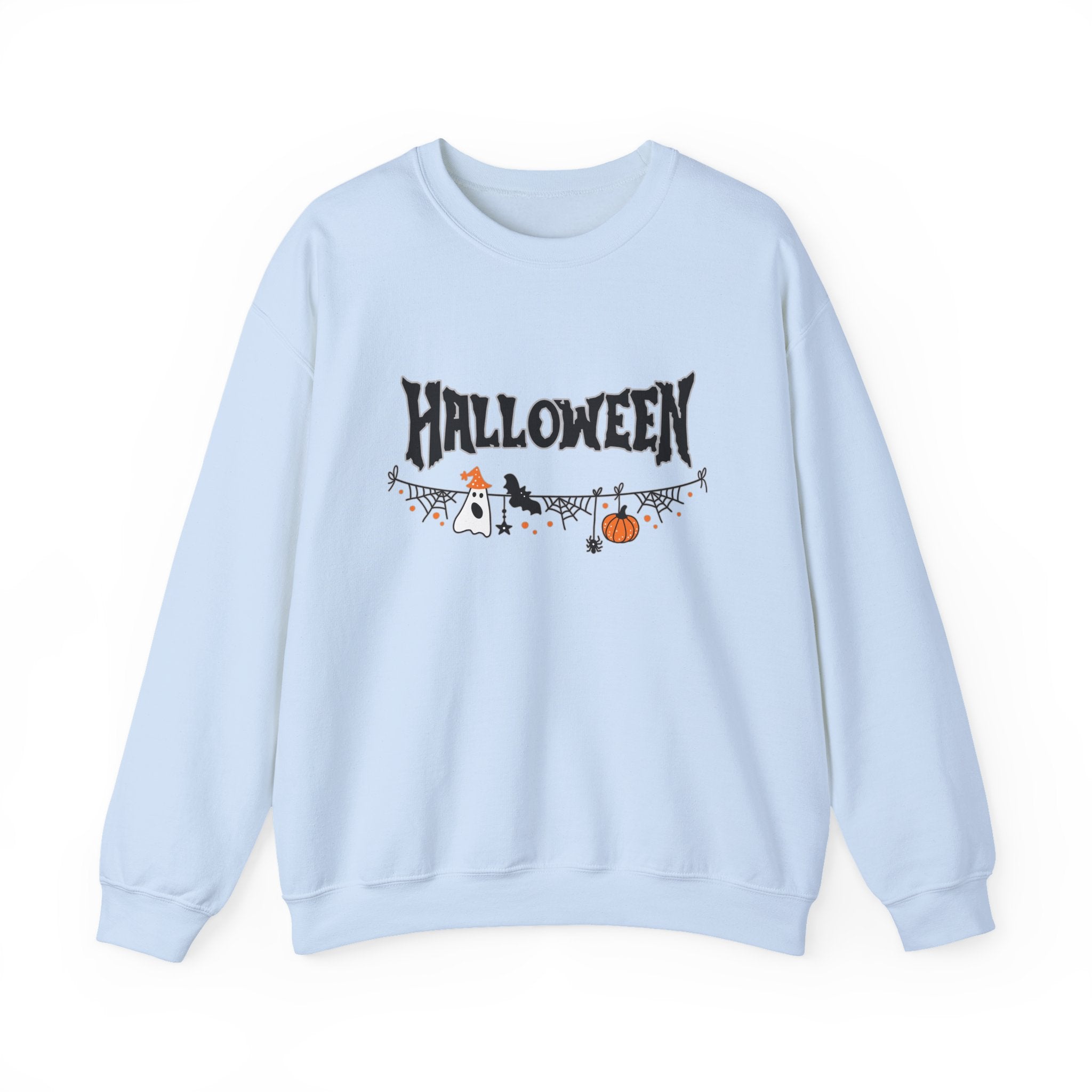 Light blue sweatshirt with Halloween-themed design on a white background