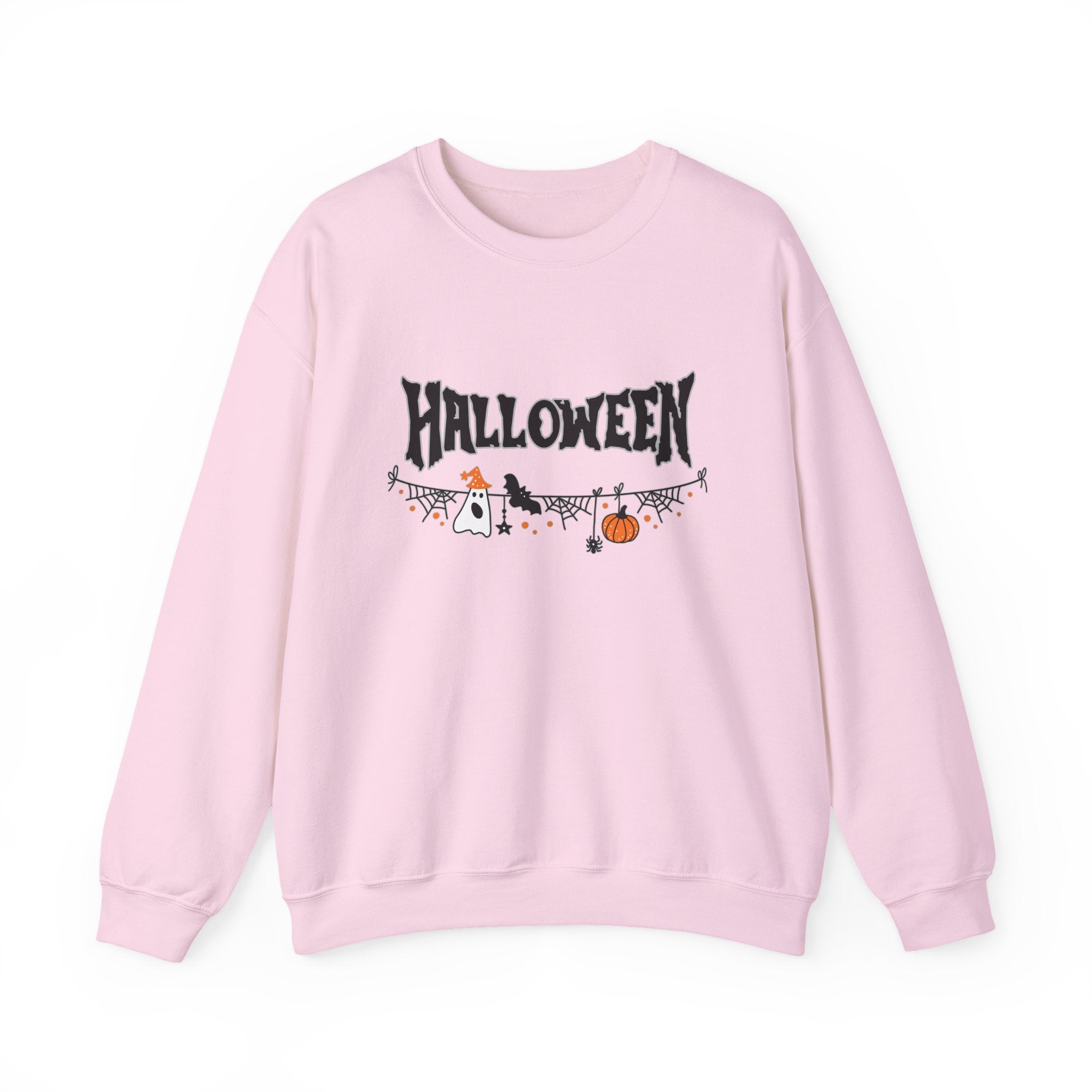 Pink sweatshirt with 'Halloween' and pumpkin design on a white background