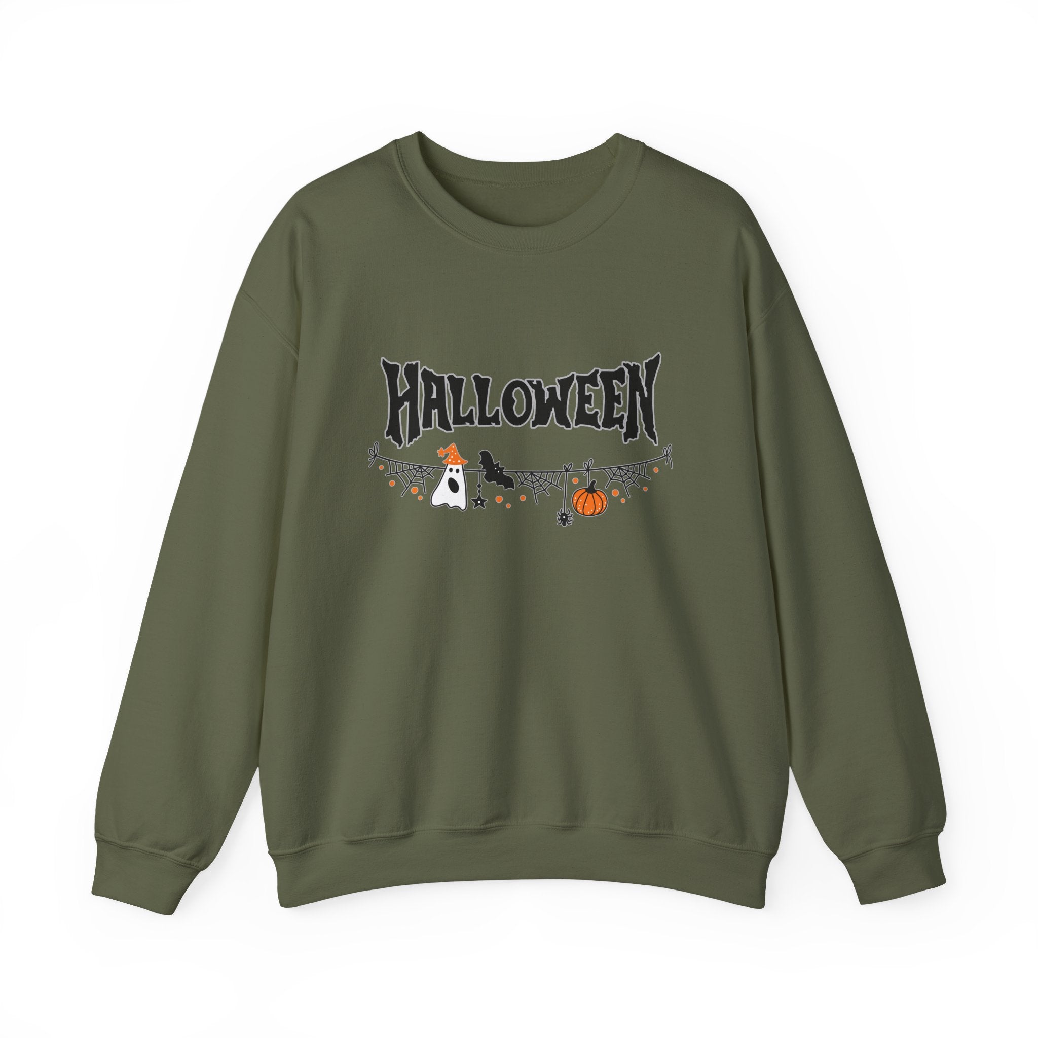 Military green sweatshirt with 'Halloween' and related graphics on a white background