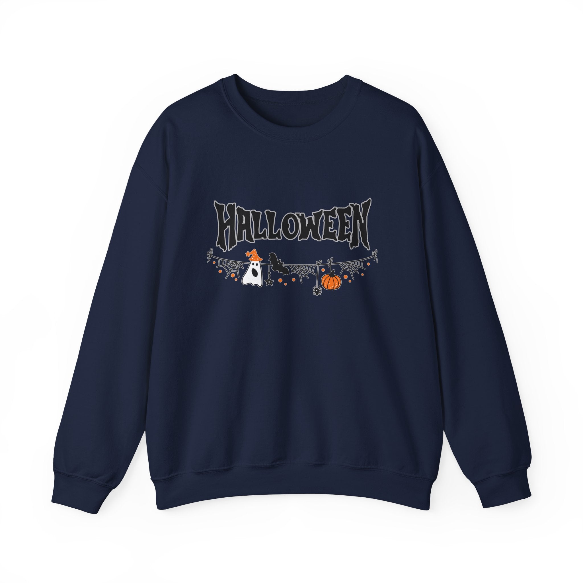 Navy blue sweatshirt with Halloween-themed design on a white background