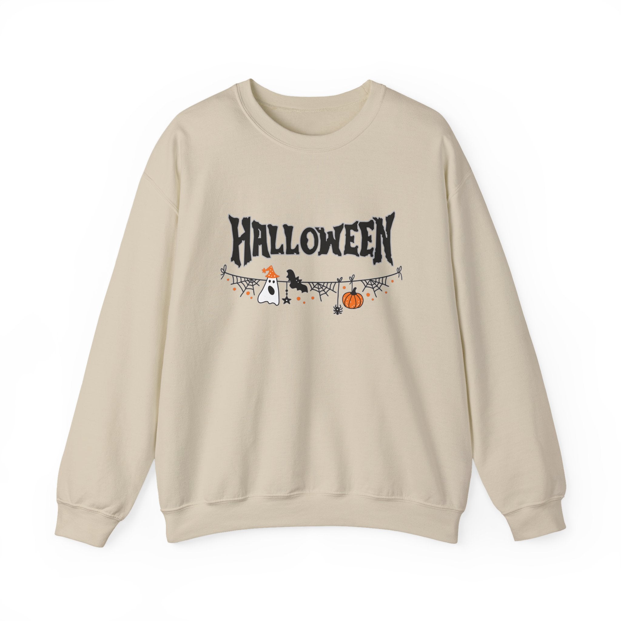 Beige sweatshirt with 'Halloween' and festive graphics on a white background