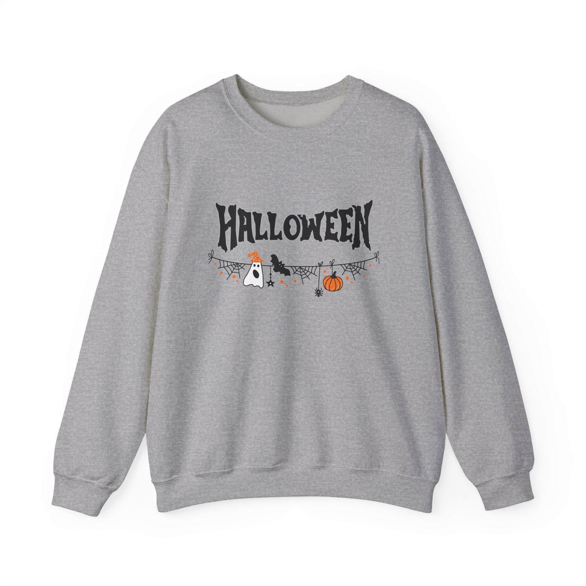 Gray sweatshirt with Halloween-themed design on a white background
