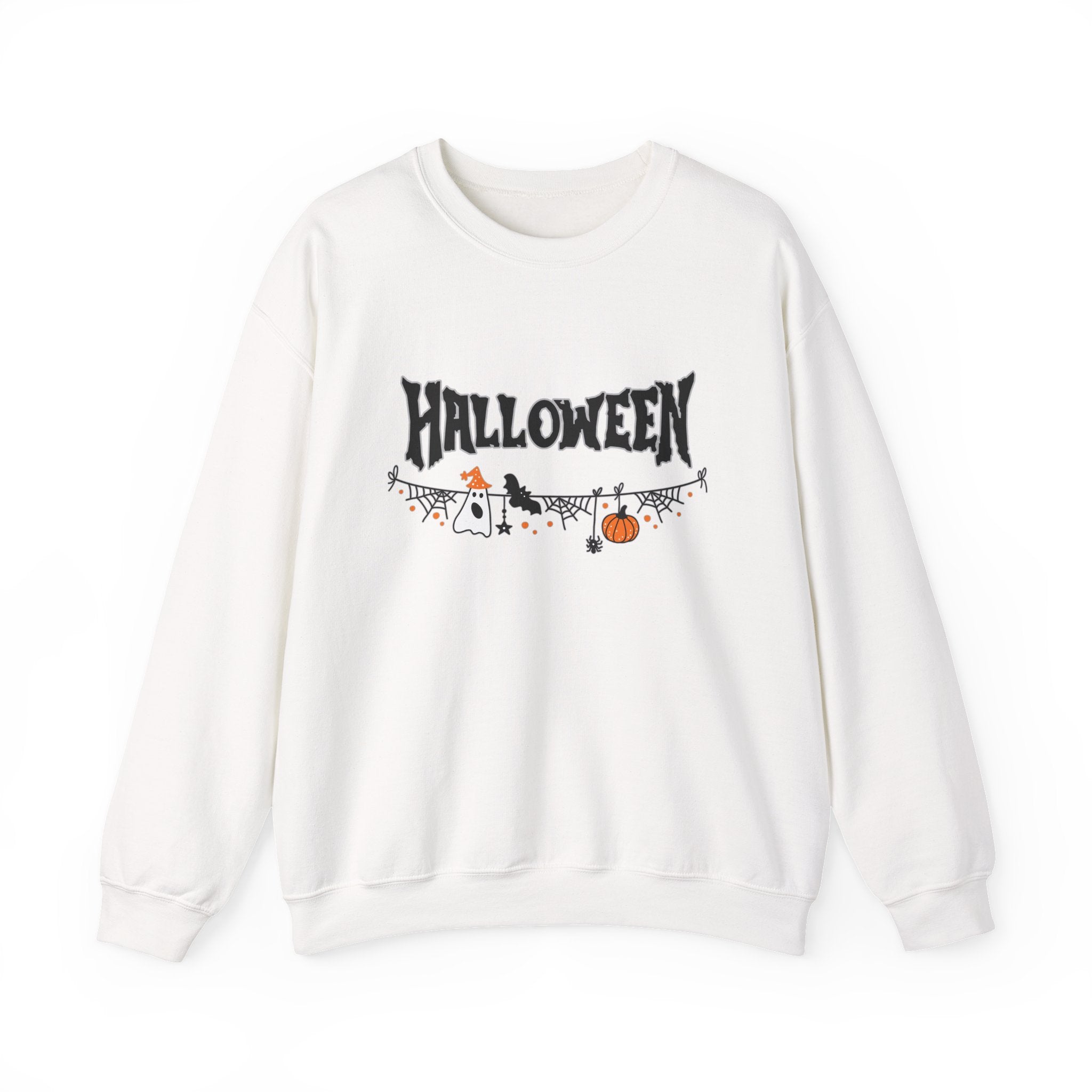 White sweatshirt with 'Halloween' and pumpkin design on a white background