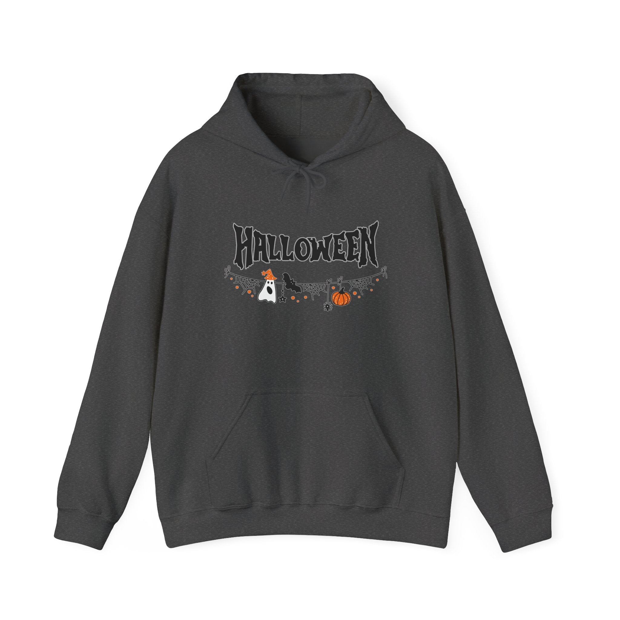 Dark gray hoodie with Halloween-themed design on a white background