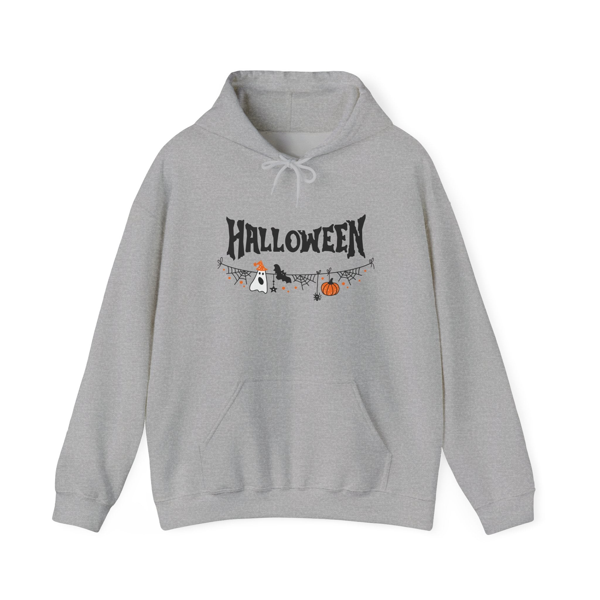 Gray hoodie with Halloween-themed design on a white background