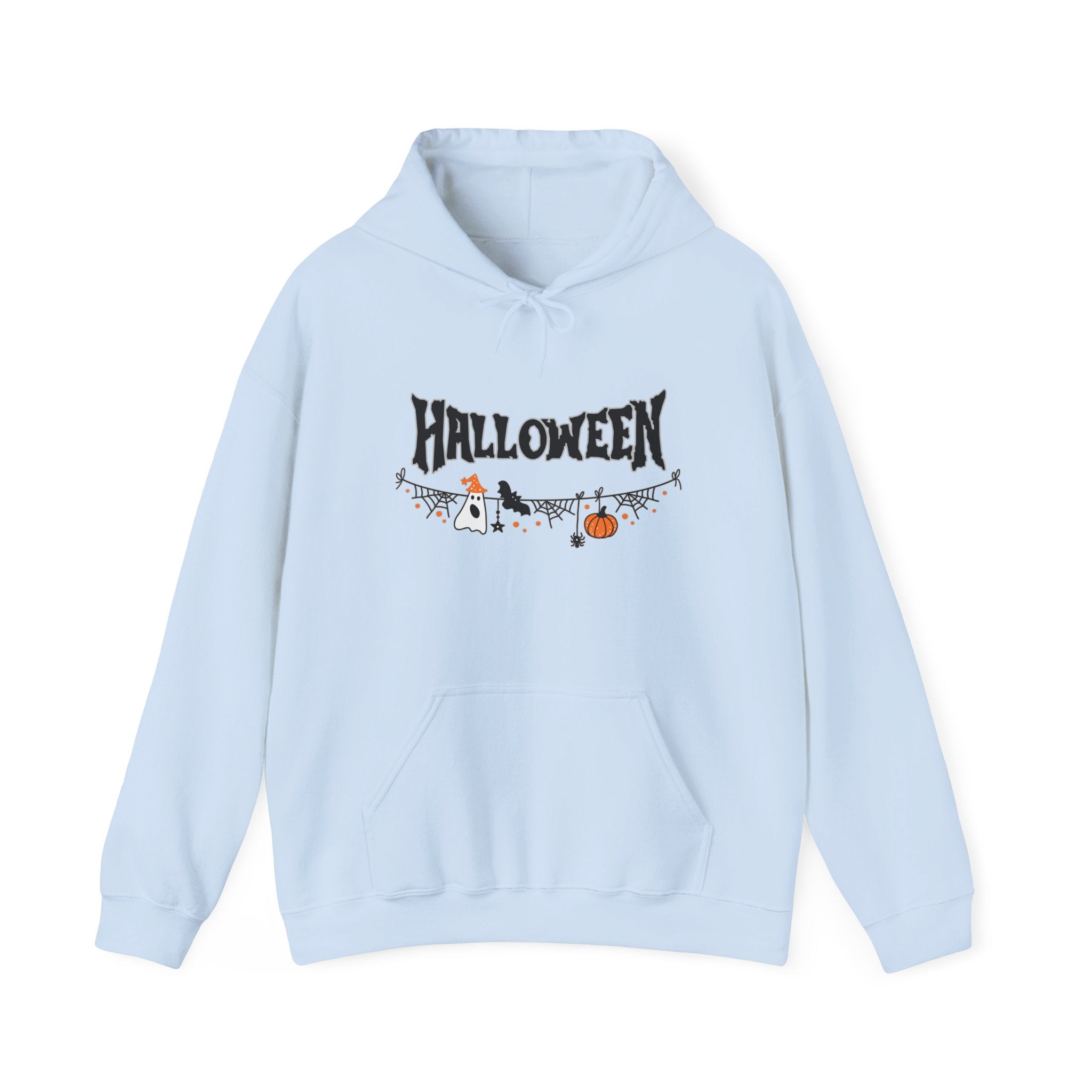Light blue hoodie with Halloween-themed design on a white background