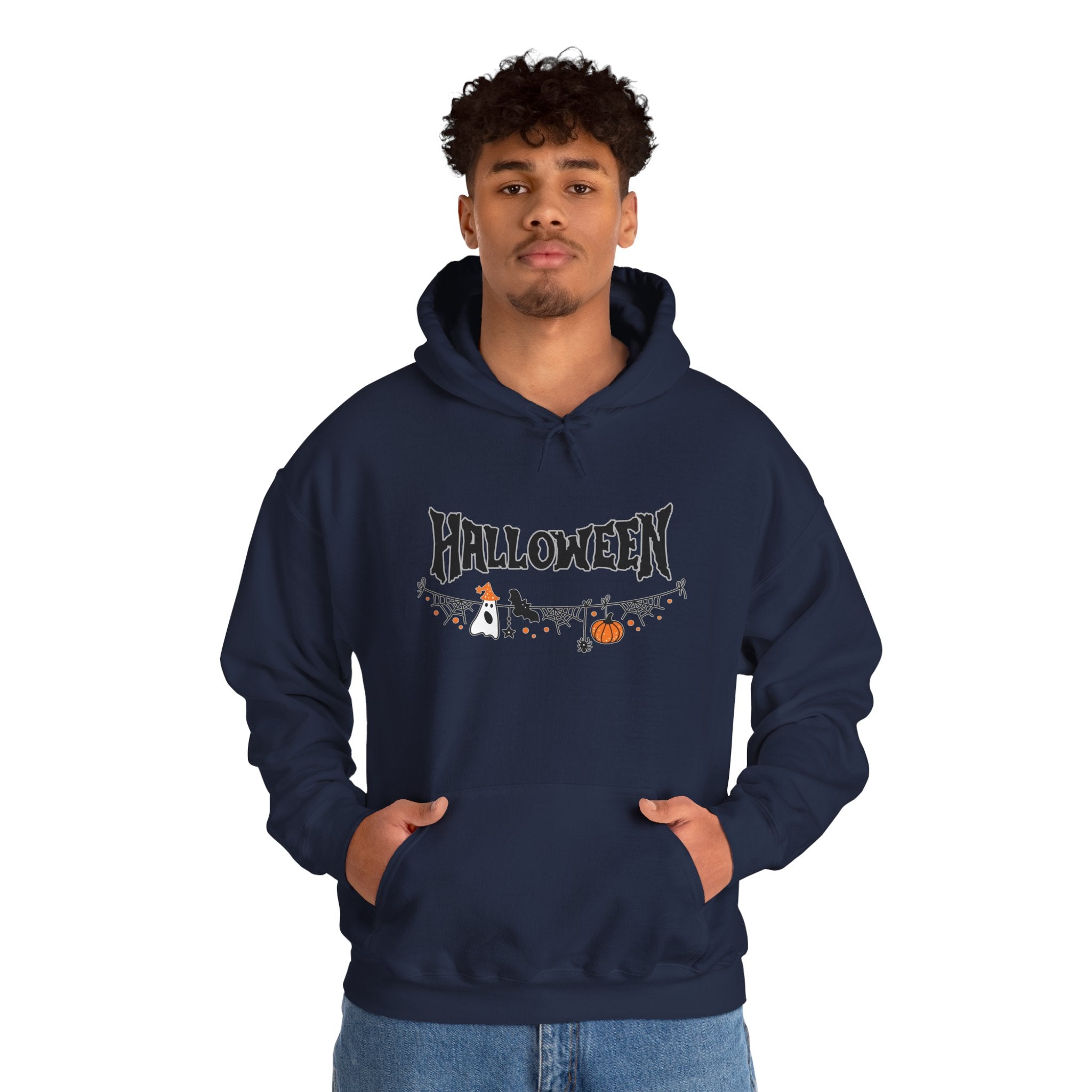 Person wearing a navy blue hoodie with Halloween design on a white background