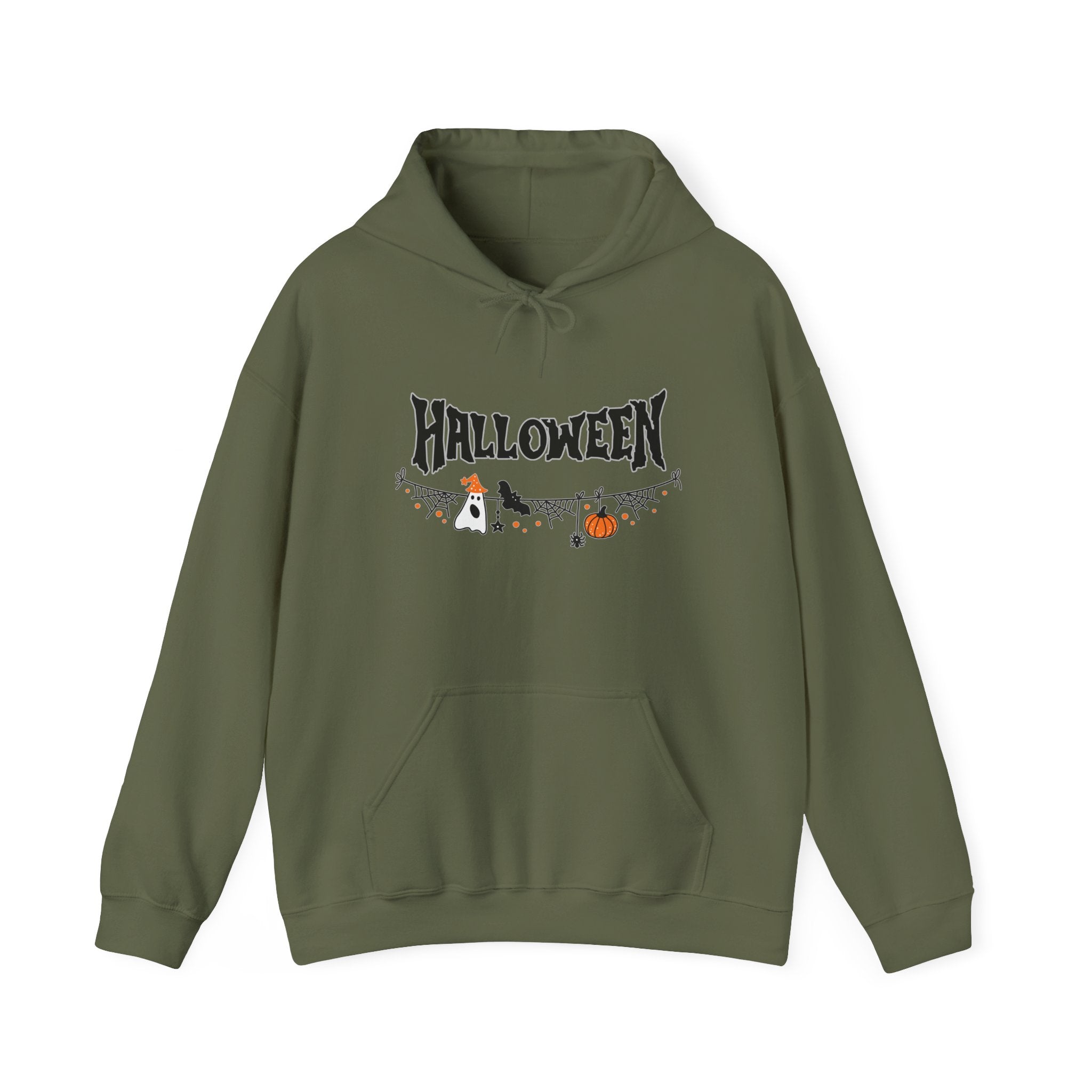 Military green hoodie with 'Halloween' and pumpkin design on a white background