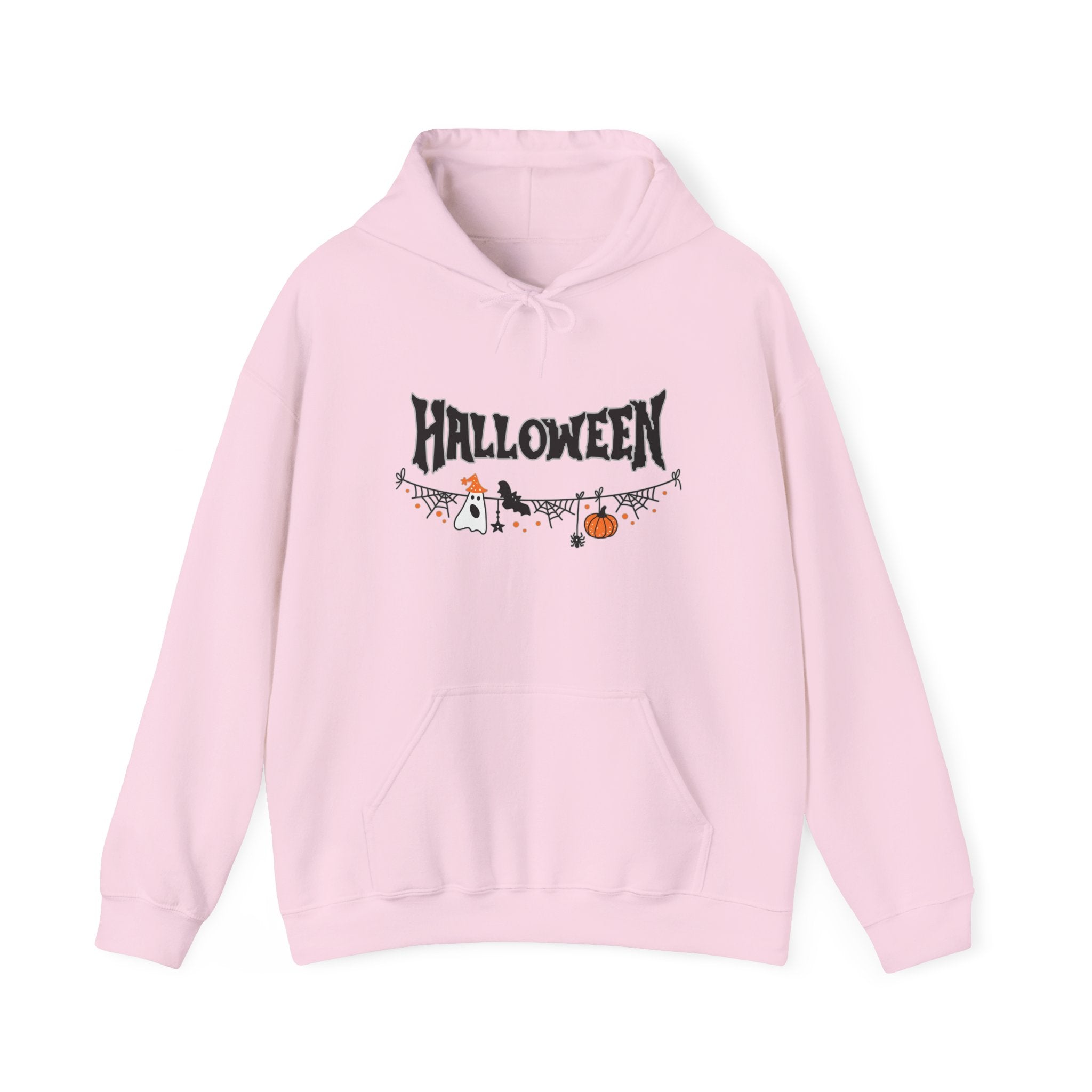Pink hoodie with Halloween design on a white background