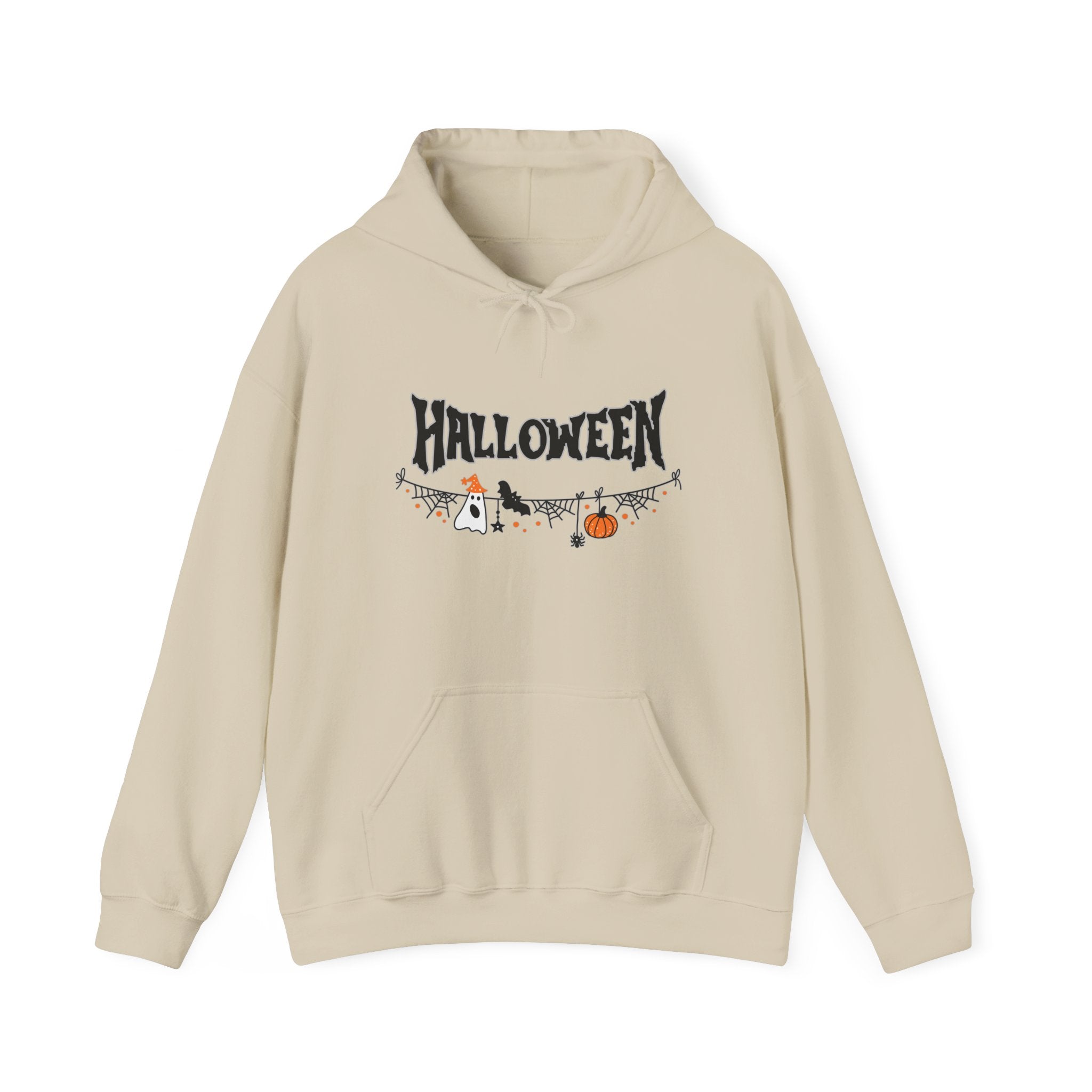 Beige hoodie with Halloween-themed design on a white background