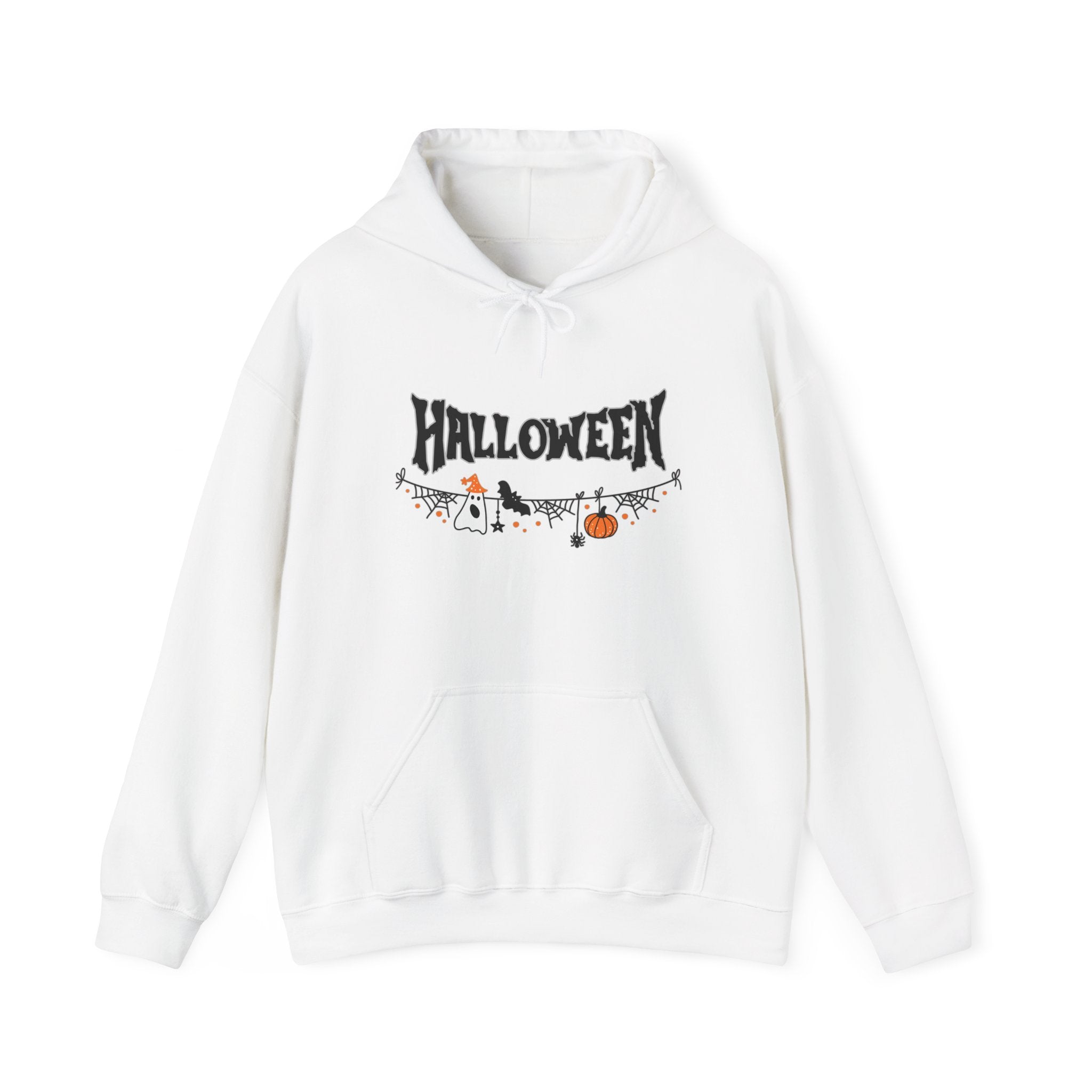 White hoodie with Halloween-themed design on a white background