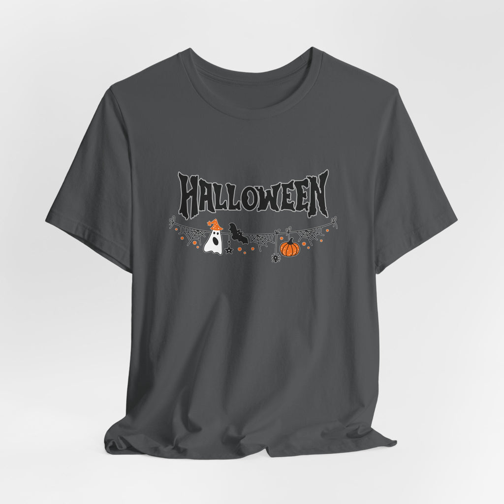 Asphalt gray t-shirt with Halloween-themed graphics on a white background