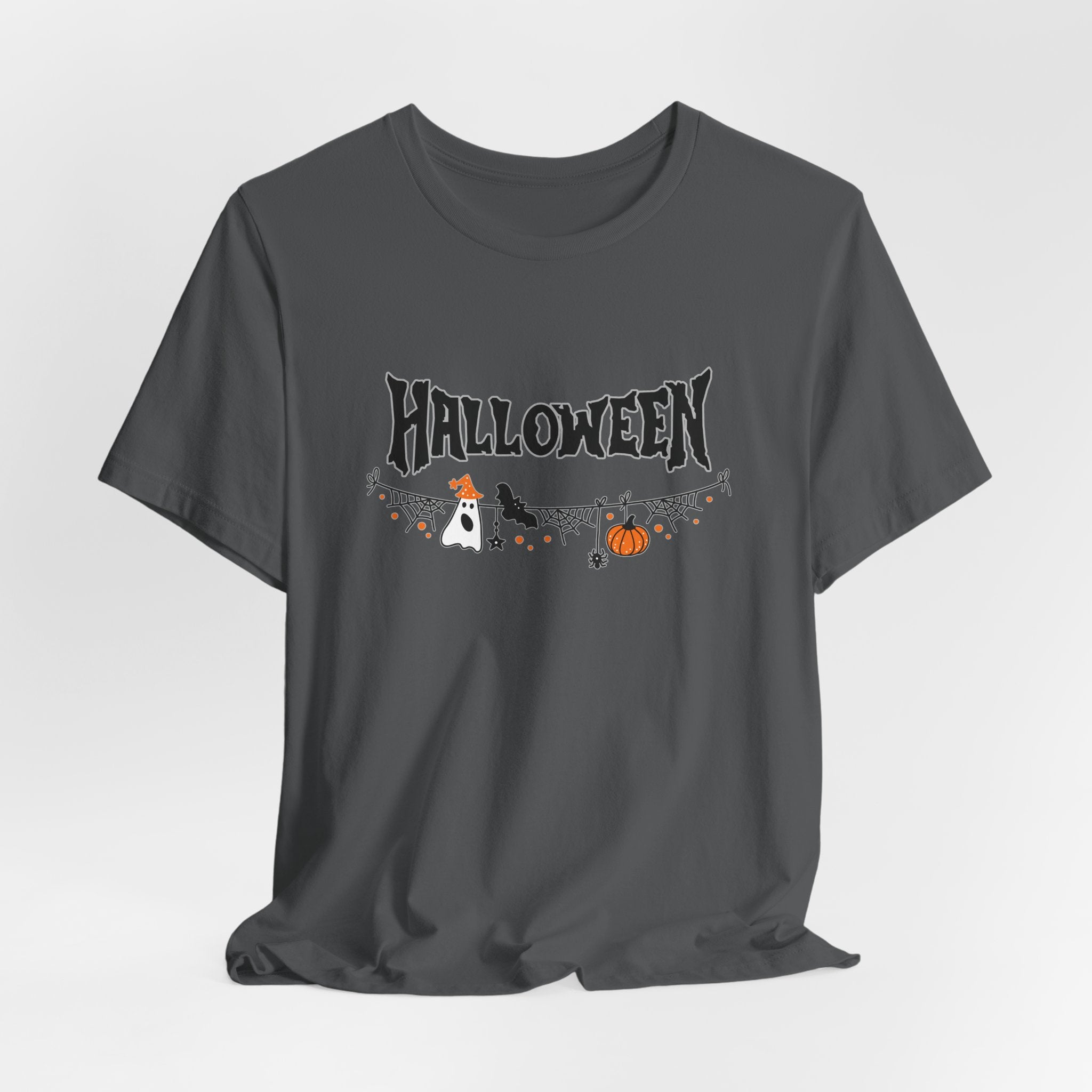 Asphalt gray t-shirt with Halloween-themed graphics on a white background