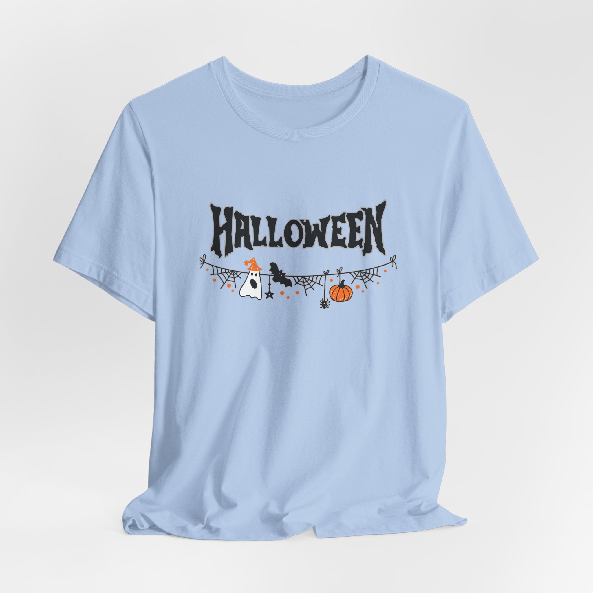 Light blue t-shirt with Halloween-themed design on a white background