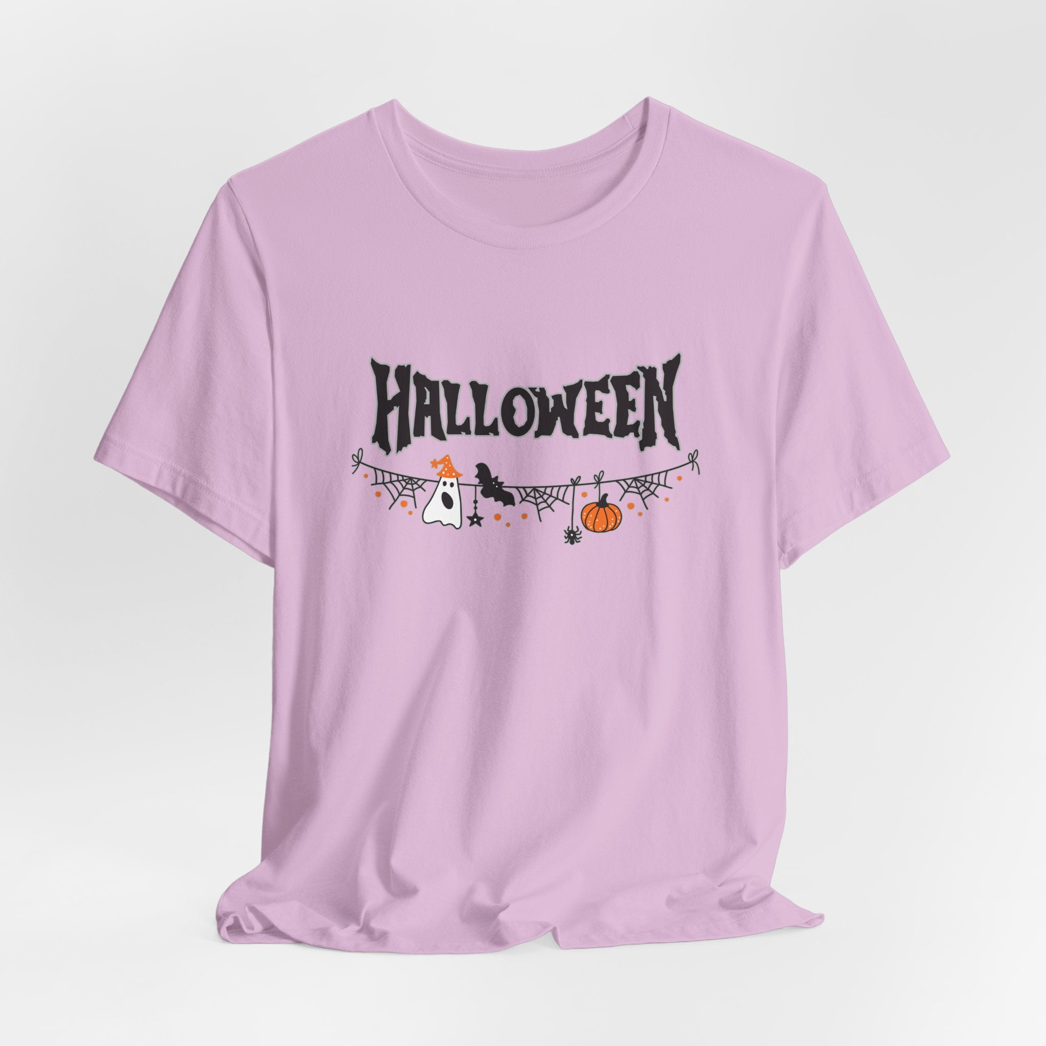 Lilac purple t-shirt with Halloween-themed design on a white background