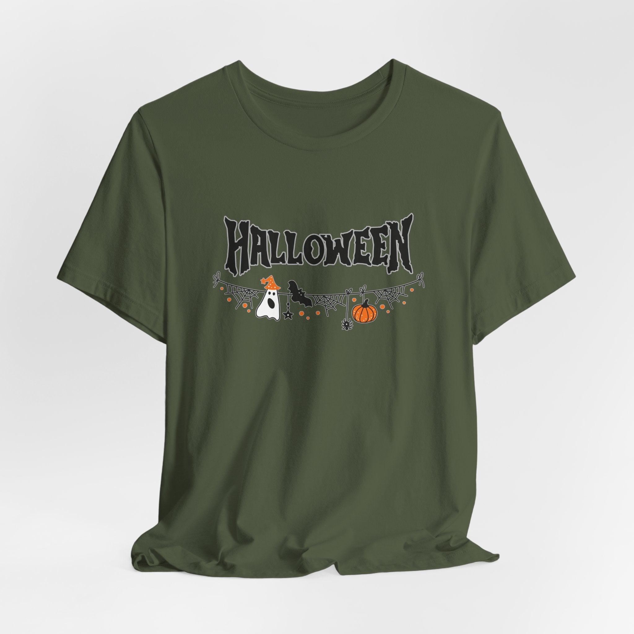 Military green t-shirt with Halloween-themed graphics on a white background