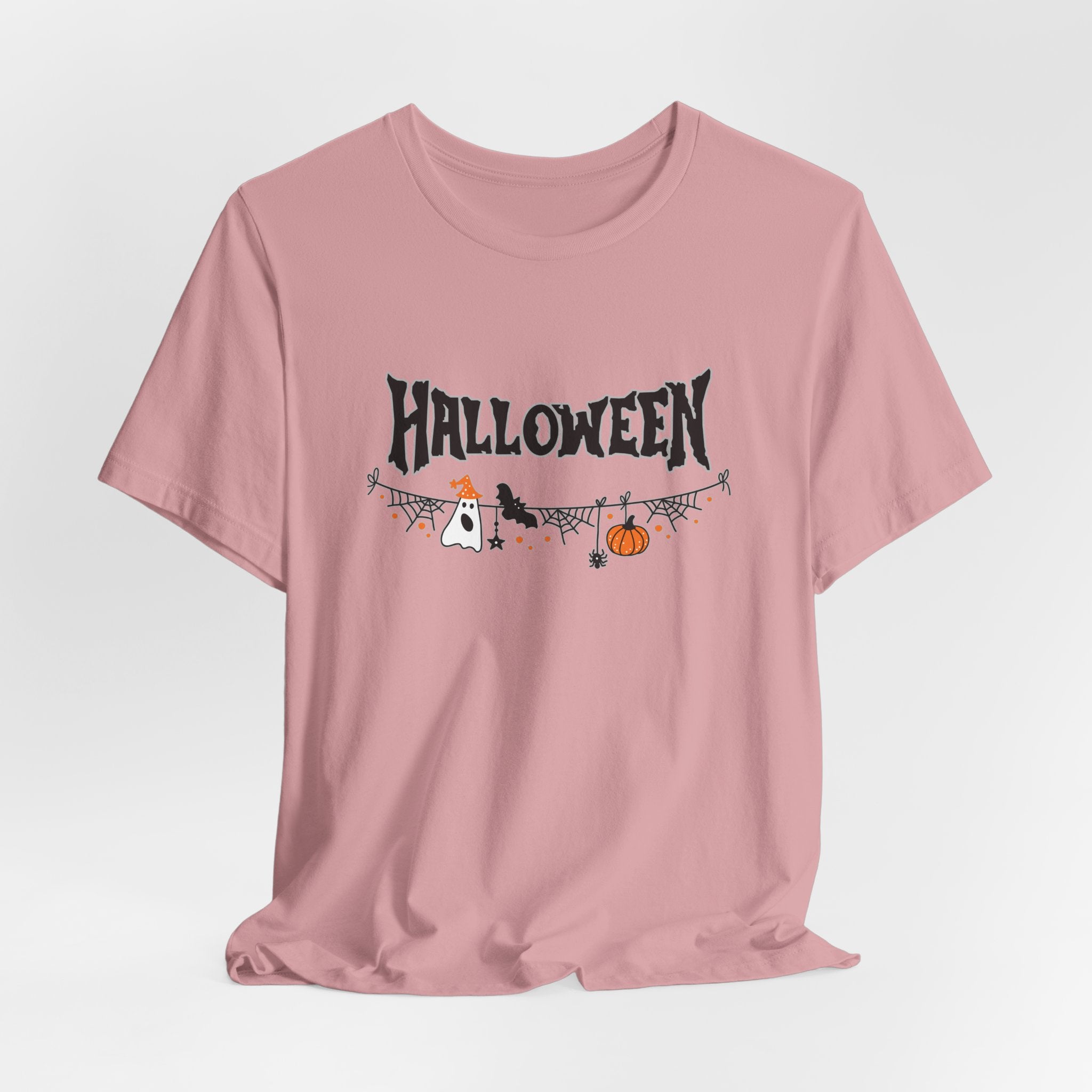 Orchid pink t-shirt with Halloween-themed design on a white background