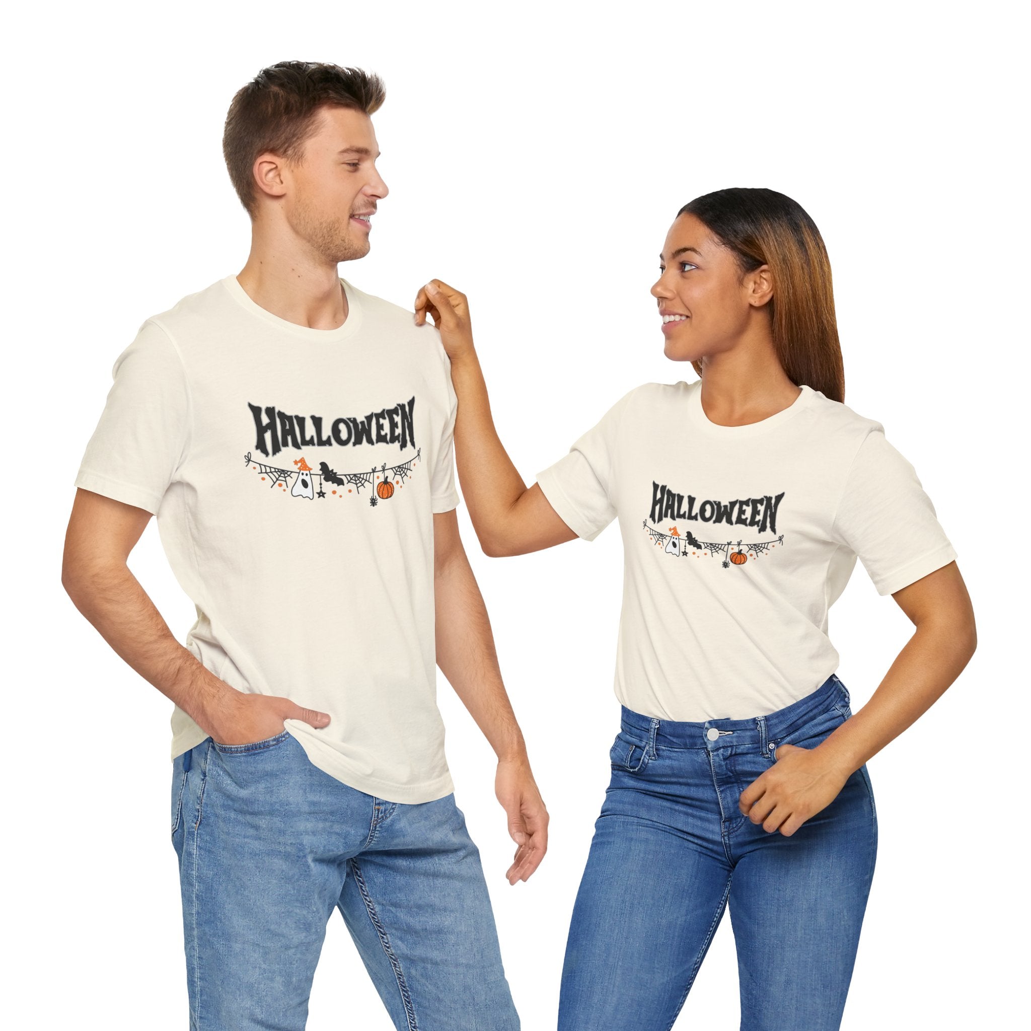 Two people wearing Halloween-themed t-shirts on a white background