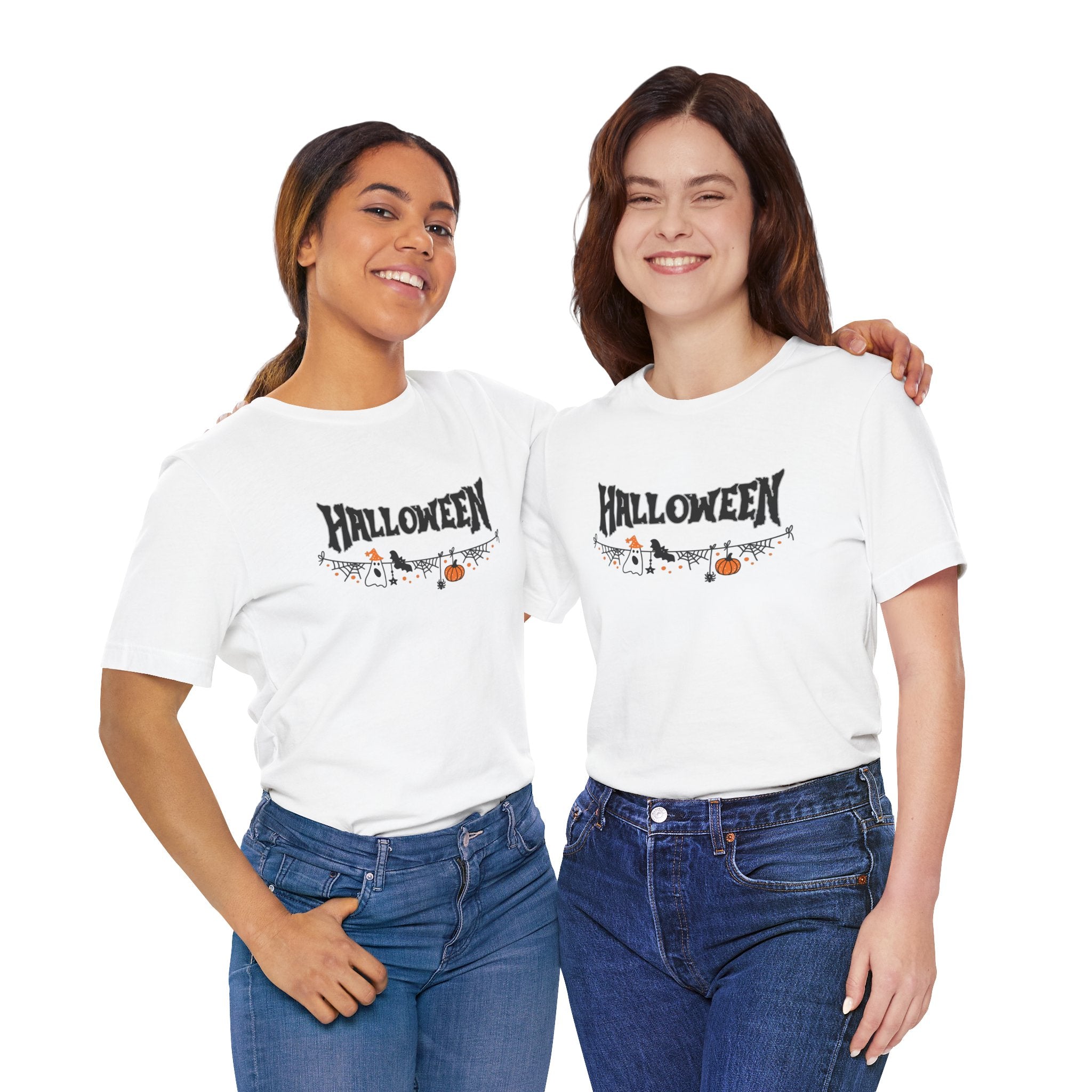 Two people wearing white 'Halloween' t-shirts with a decorative design on a white background.