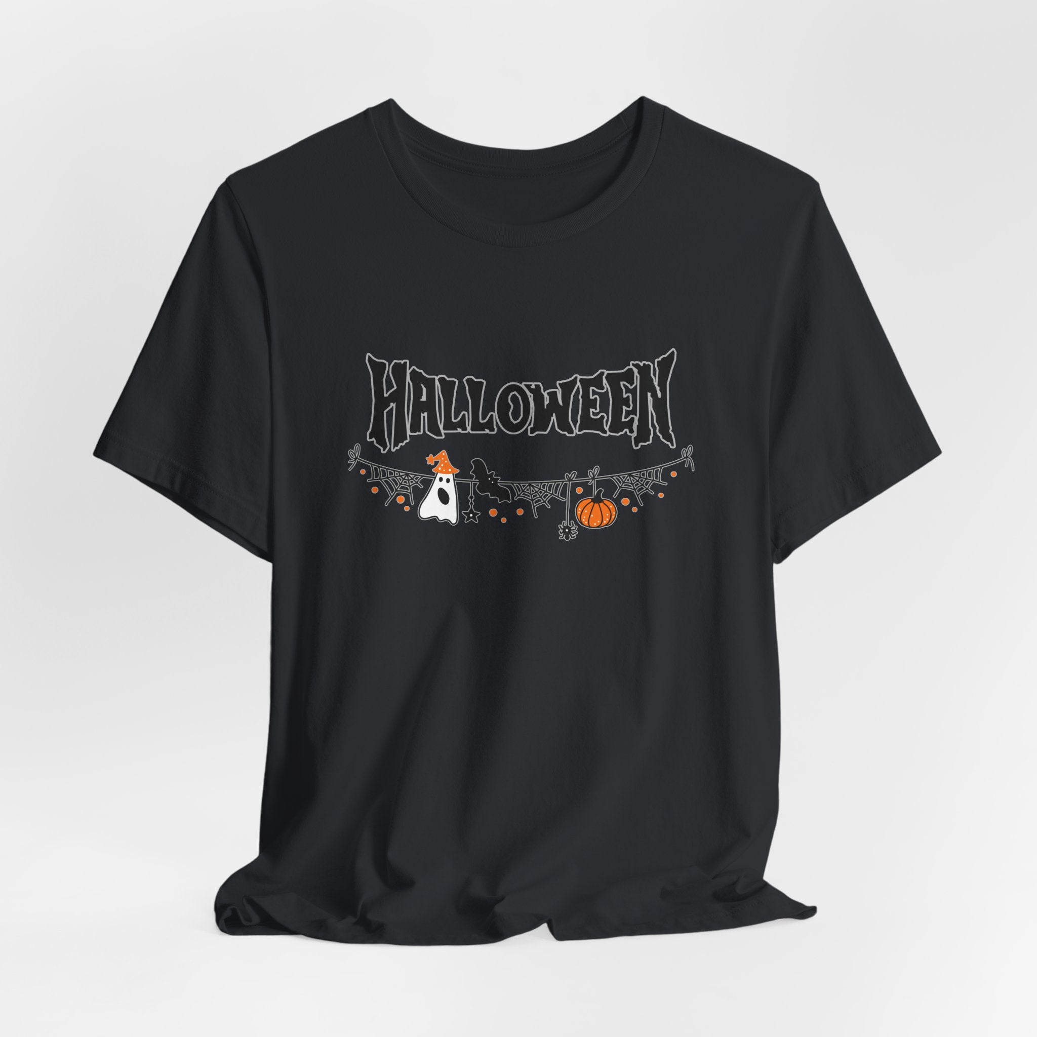 Vintage black t-shirt with Halloween-themed design on a white background