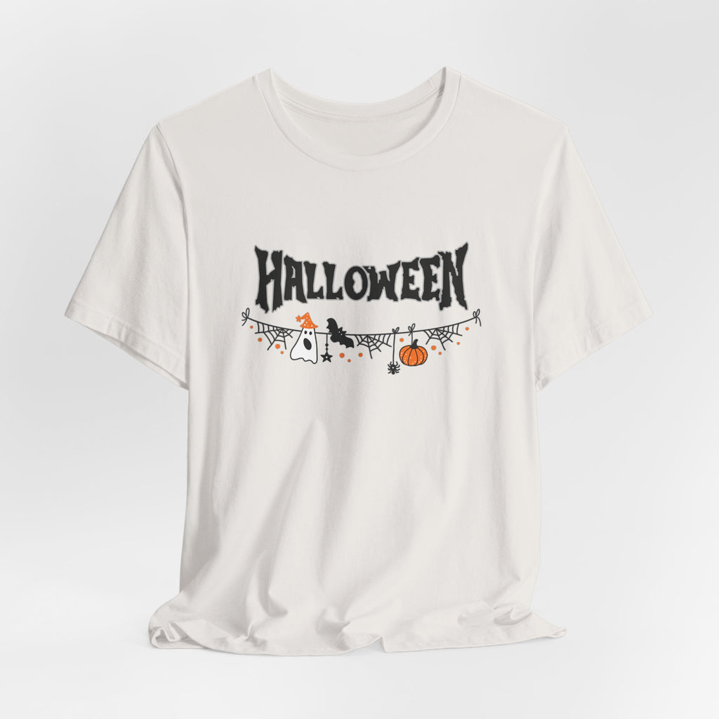 Vintage white t-shirt with Halloween-themed design on a white background