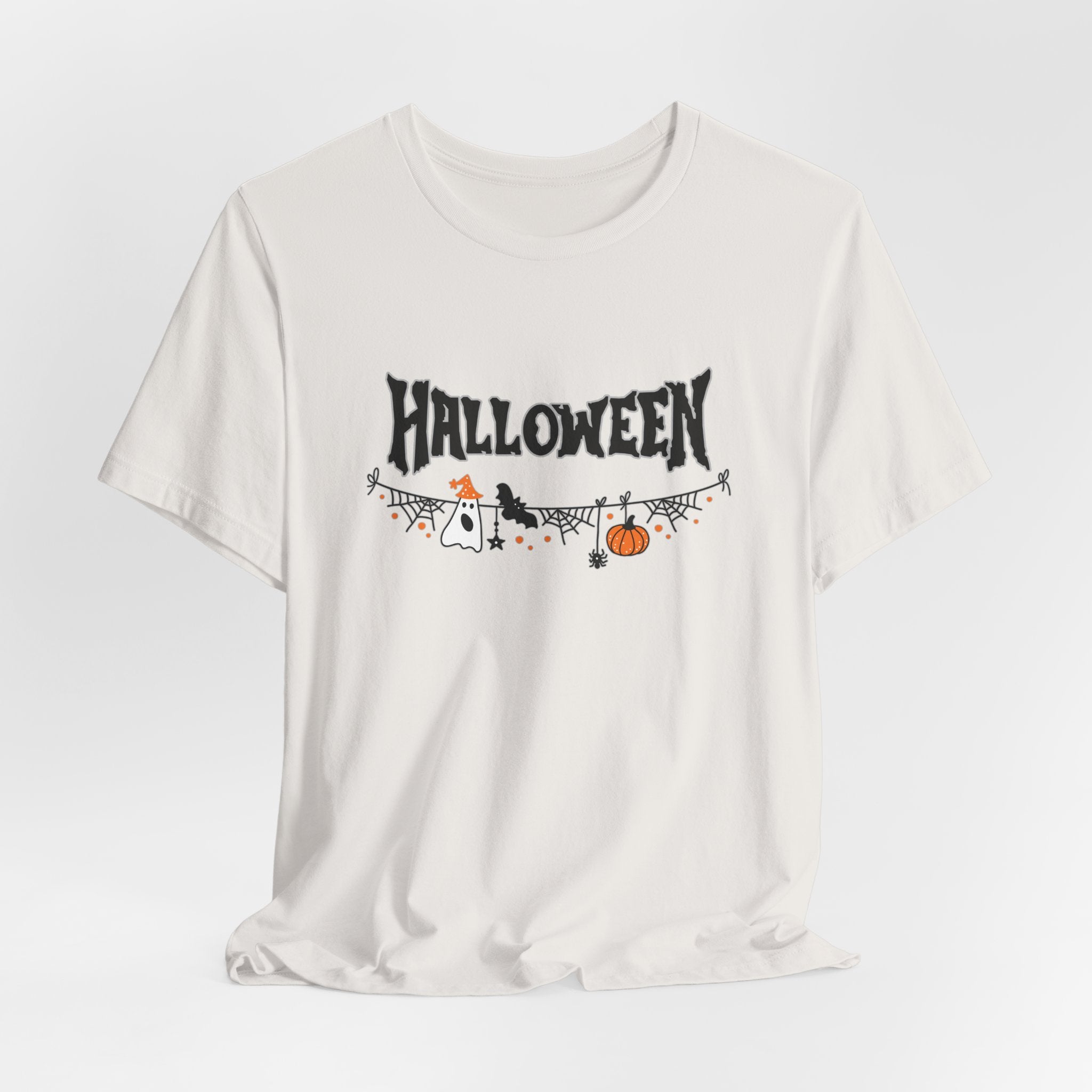 Vintage white t-shirt with Halloween-themed design on a white background